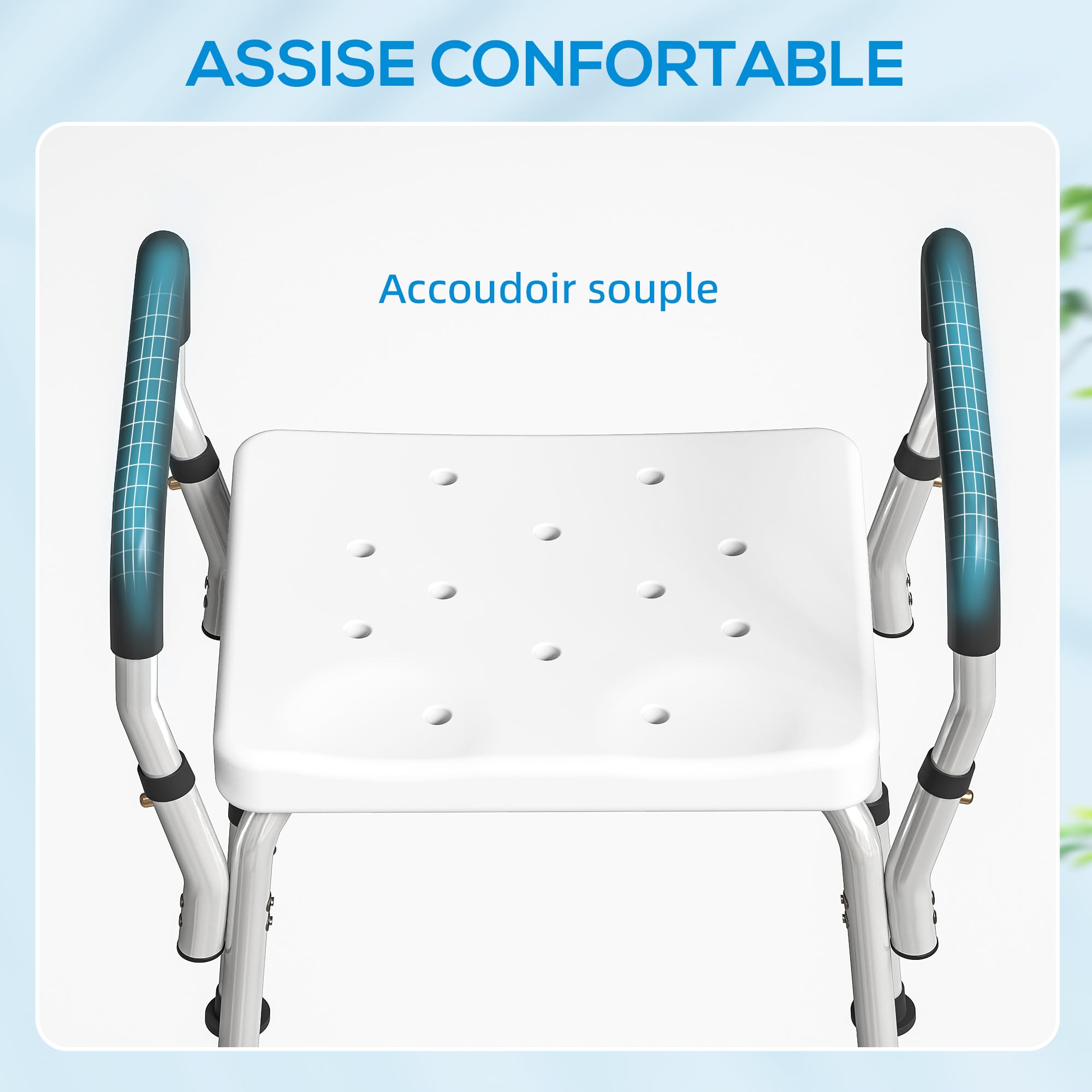 HOMCOM Taburete de ducha Silla de ducha para personas mayores y discapacitadas con reposabrazos, altura ajustable, patines antideslizantes, silla de baño de aluminio antioxidante, color blanco