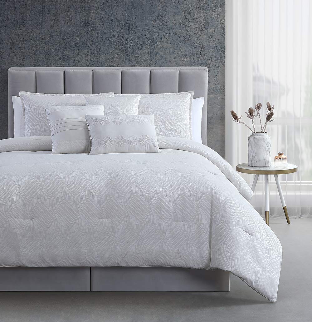 Beatrice Home Fashions Breeze Swirl 7-Piece Woven Bedding Comforter Set, King, White and White