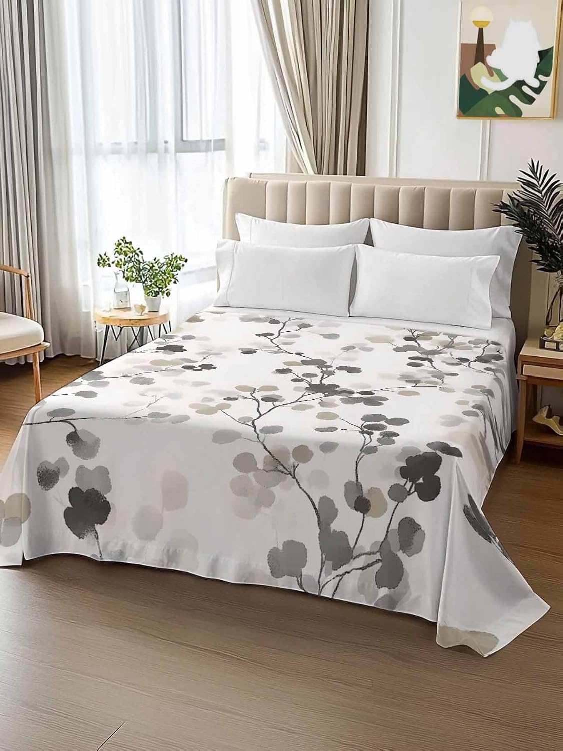 Top Sheet Full Bedding Flat Sheet Only, Gray Brown Botanical Watercolor Microfiber Bed Sheets Soft Breathable Bedding Flat Sheets, Retro Country Floral Leaves Hotel Luxury Top Sheets