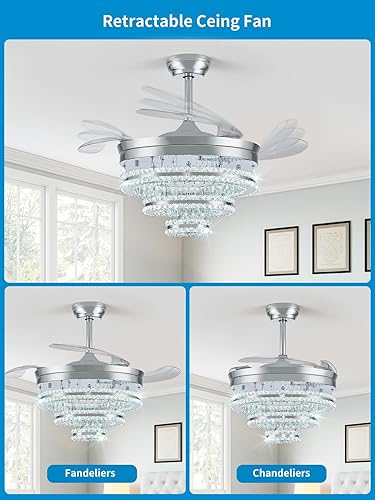 Miniatura 6 de Ventilador de techo de araña de cristal de 42 pulgadas, ventilador retráctil con control remoto y aplicación, luz LED, motor de CC silencioso, 6
