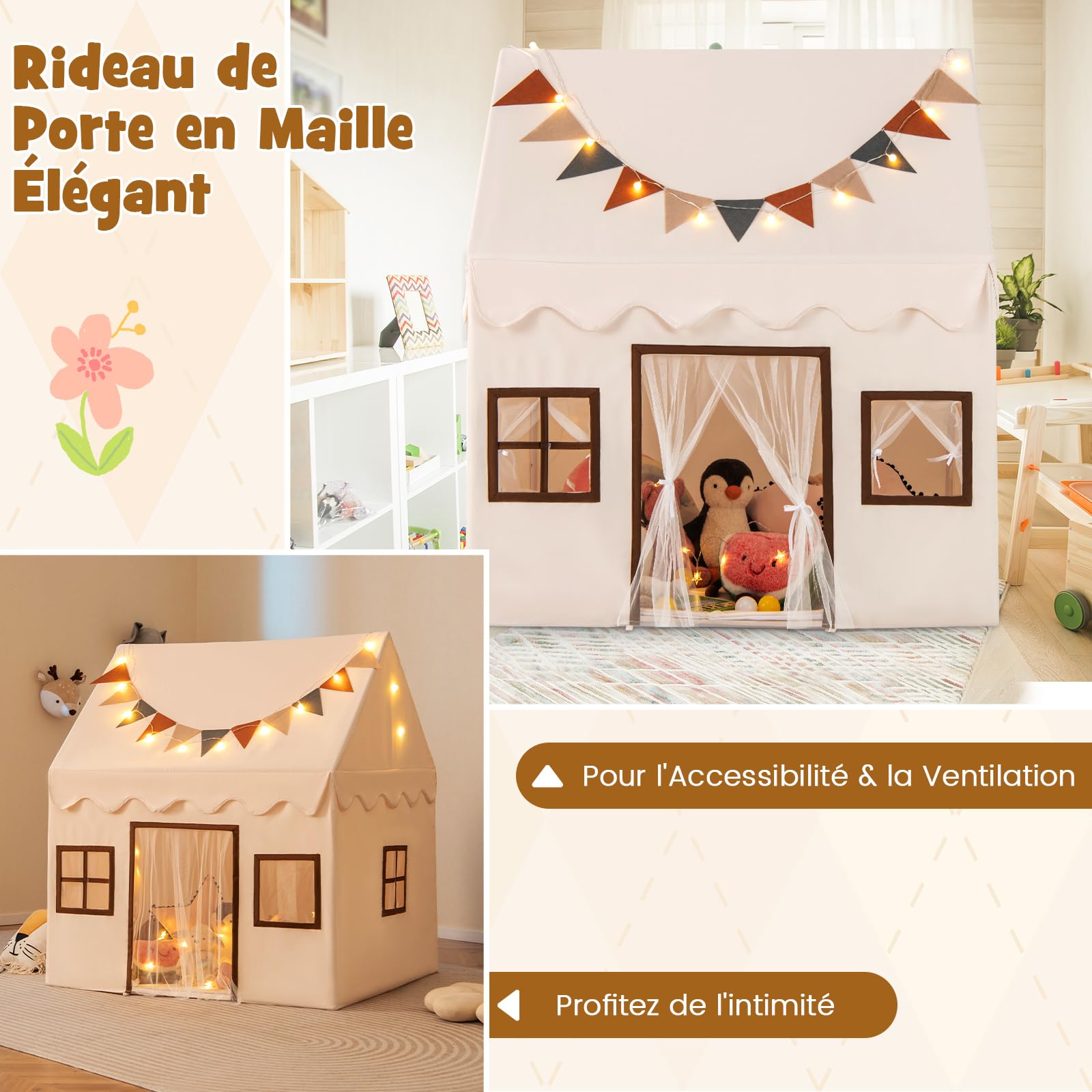 Tente Princesse Avec Lumières COSTWAY Tente Jeu Enfant 123x107x137cm - Avec Guirlandes Et Tapis - Style Cottage - Pour 3 Enfants 3-14 Ans Cabane Enfant Princesse