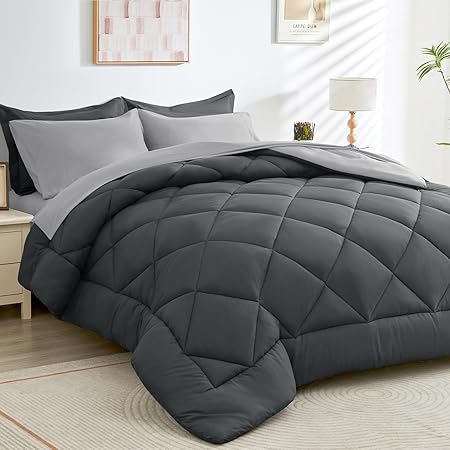 HEVUMYI Cali-King Comforter Set - 7-Piece All Season Bed in a Bag Cali-King, Ultra Soft Bedding Set with Comforter, Flat Sheet, Fitted Sheet, Pillowcases, Pillow Shams, Dark Grey & Light Grey