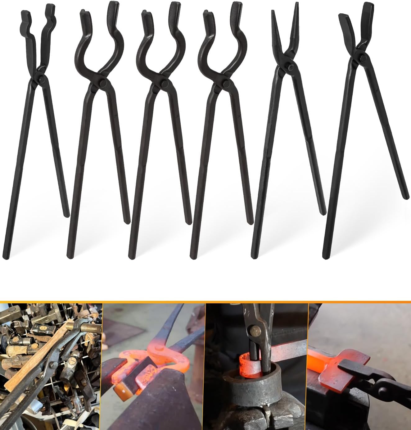 Yoursme Beginner Blacksmith Tongs Set: 1/4 Flat Jaw, Pick Up, Scroll, 3/8, 1/2, 5/8 V-Bit Tongs (6PCS Steel, Black)
