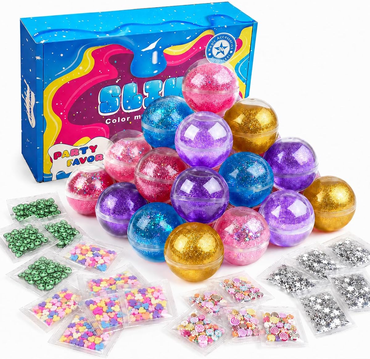 Paquete de 24 kit de limo para niñas de 8 a 12 años con lentejuelas, regalos de fiesta de limo a granel | embalajes individuales; Diversión sin complicaciones; Ven con mezclas brillantes; Elástico, no pegajoso; Premios perfectos para cumpleaños y aulas