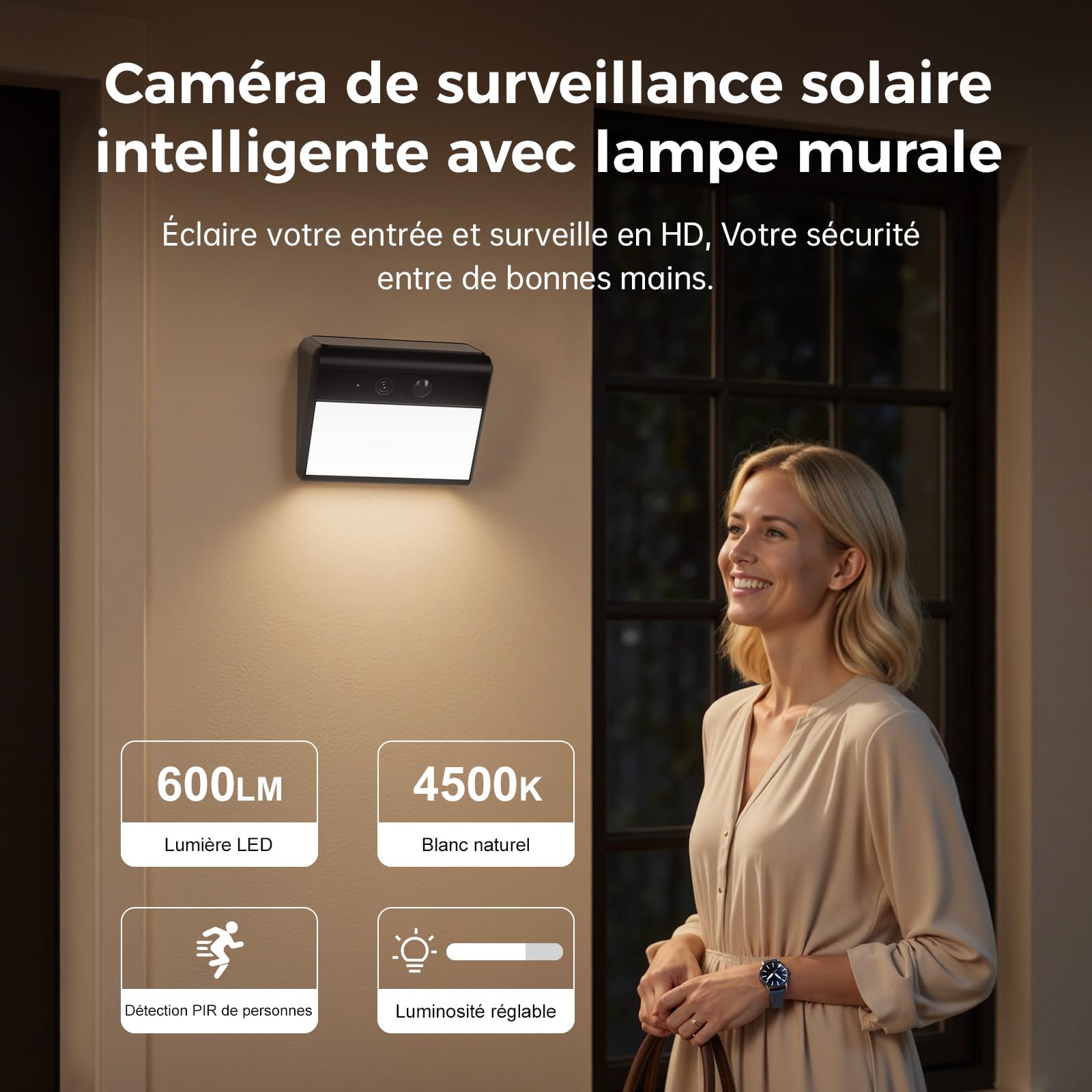 Woox Camera Exterieur Solaire avec éclairage Mural, 2K Caméra Surveillance WiF Exterieure sans Fil Batterie, éclairage Activation par Mouvement, avec Détection IA, Vision Nocturne en Couleur, IP65