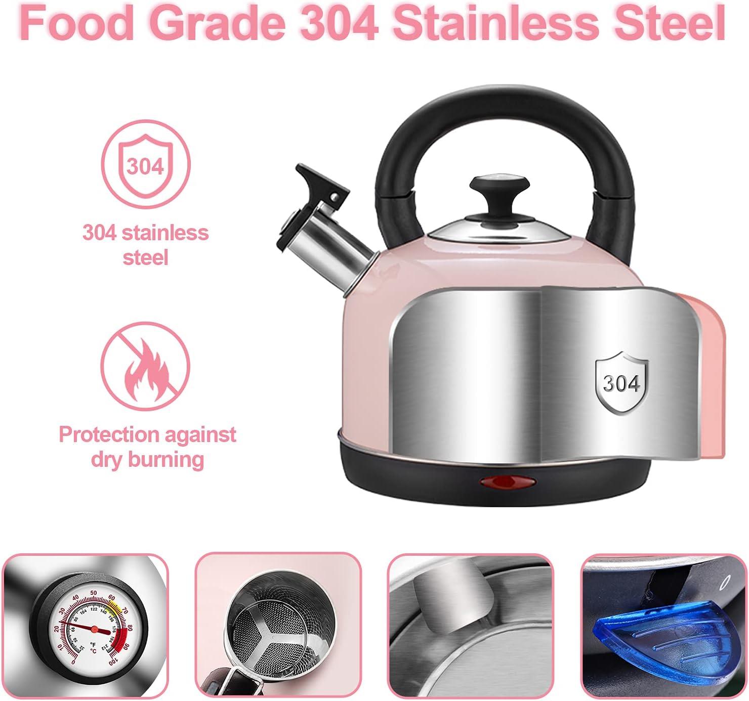 Electric Kettle Temperature Dash, YiiMO 2L Stainless Steel Hot Water Boiler with Thermometer for Tea Coffee 1200W, Auto Shut-Off Boil-Dry Protection BPA Free, Large Pink Retro Cute