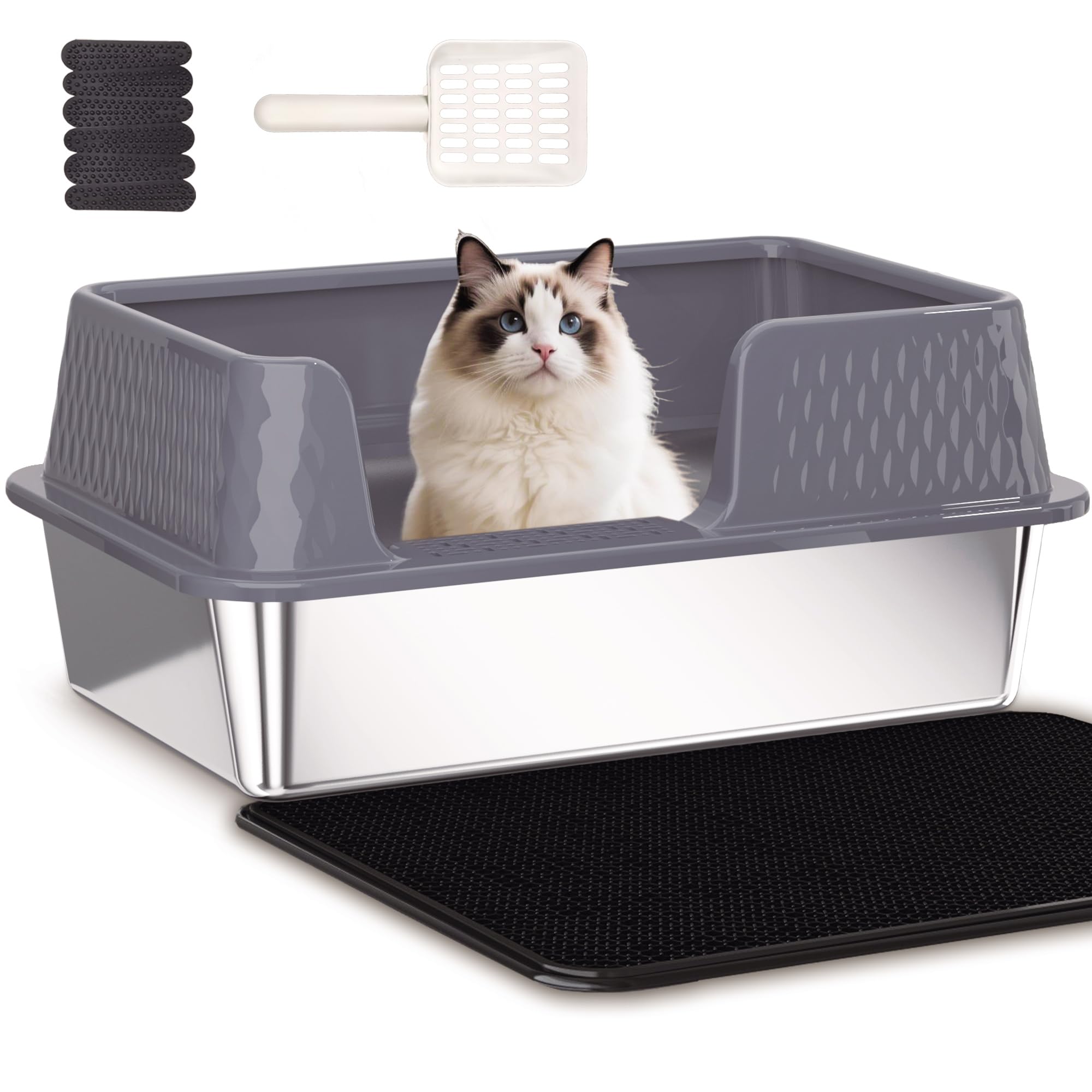 Pawsayes Stainless Steel Cat Litter Tray with Lid & High Sides, Metal Litter Pan, Low Entry Open Top for Kittens, Senior & Disabled Cats, Non-Stick Easy Clean Odour Control, Includes Scoop – Size M