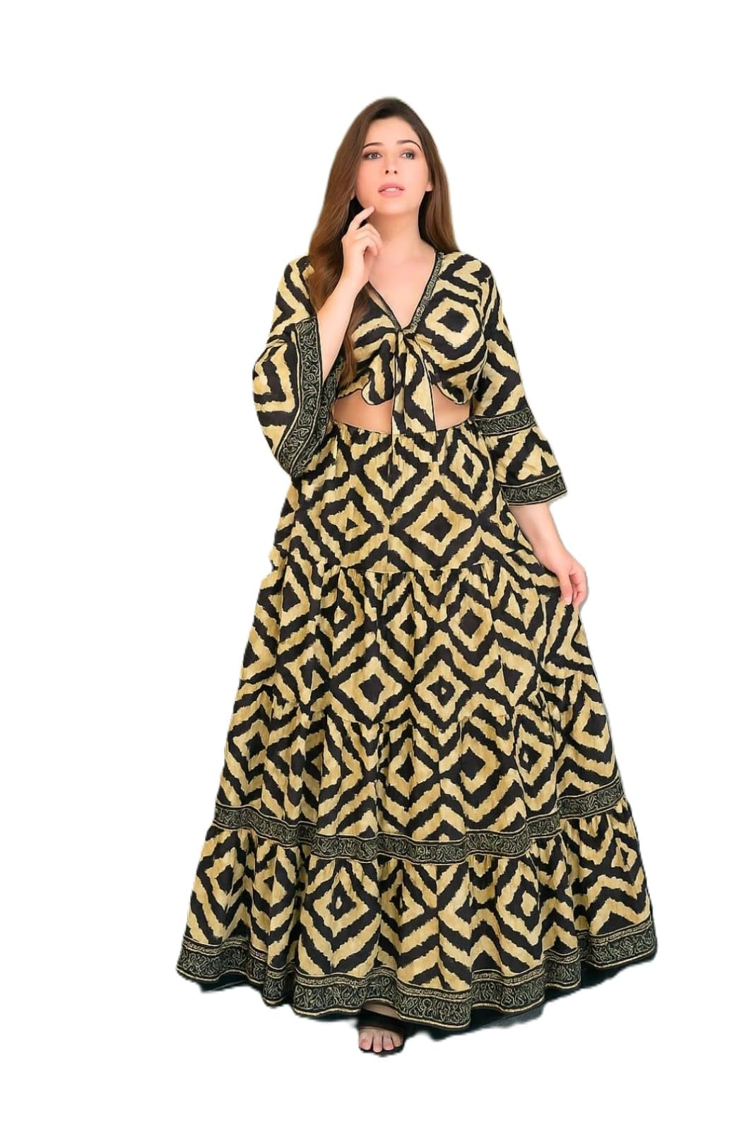 Women Fashion Printed Wrap Top Suit Set Perfect for Beach, Stylish Lehenga Type (IN, Alpha, L, Plus Size, Brown)