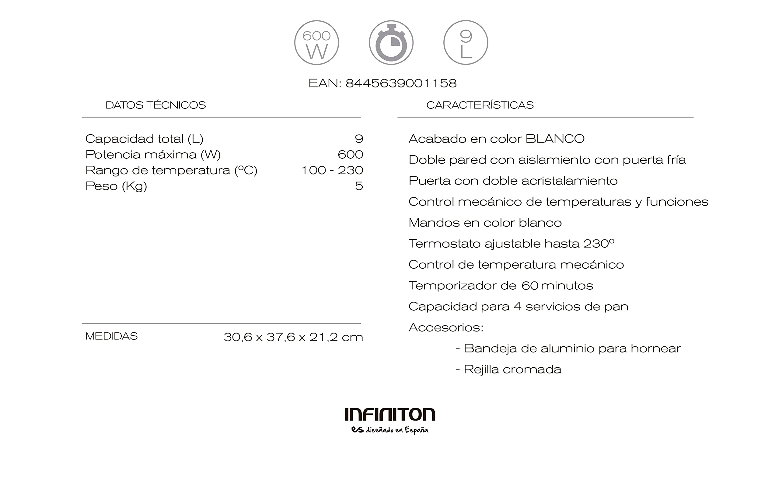 INFINITON HSM-70B09 Horno sobremesa portátil Blanco 9 litros Temporizador Doble acristalamiento Termostato ajustable 230º