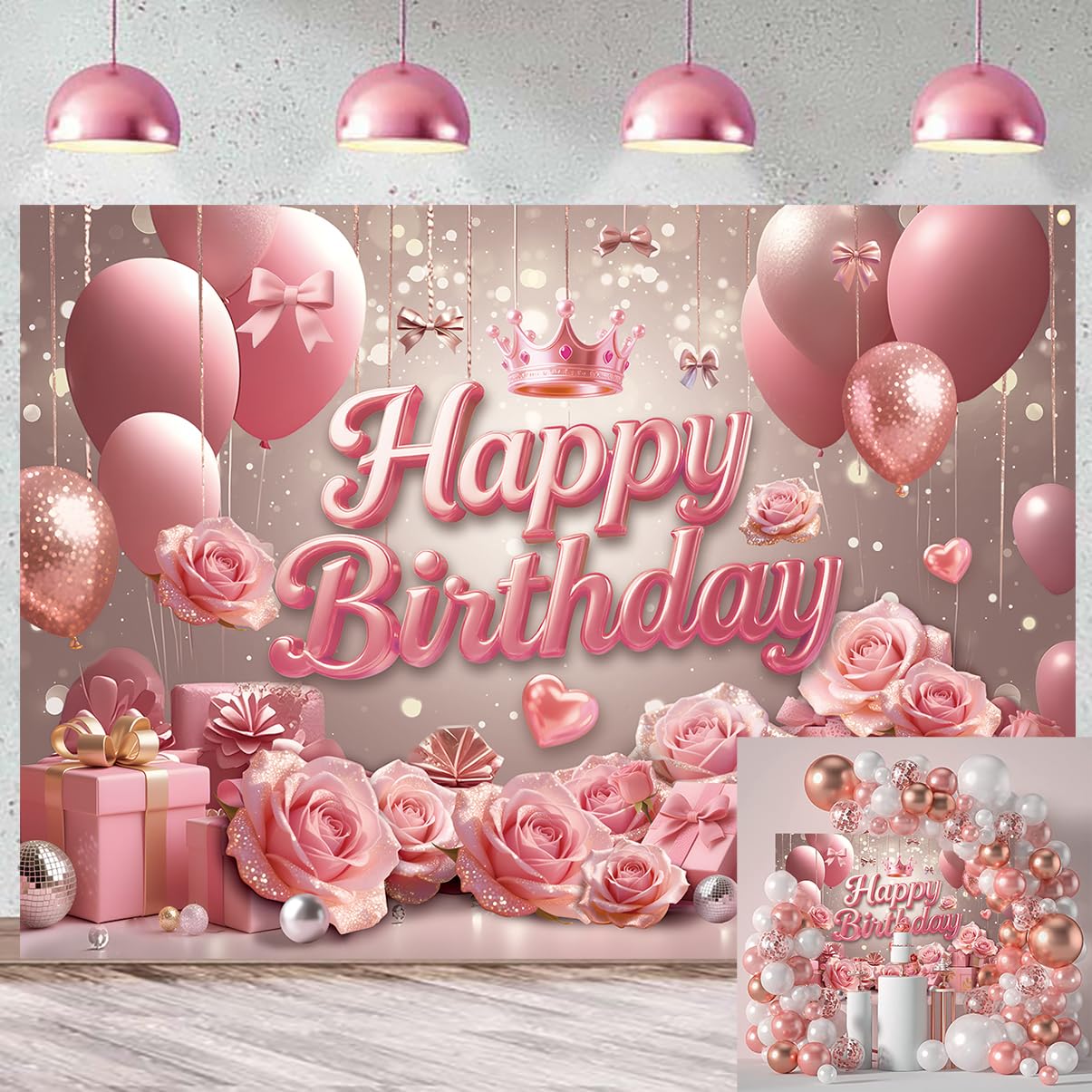 Decorazioni di compleanno rosa, decorazioni per feste di buon compleanno banner palloncini tovaglia frangia tenda corona fascia cuore stella palloncino in lamina per donne forniture per feste di