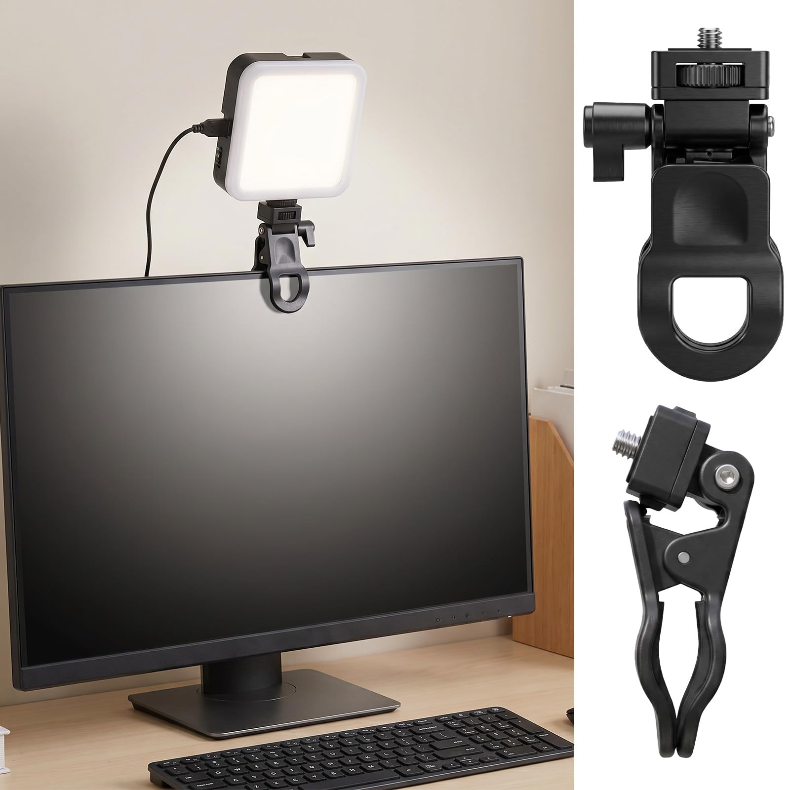 Bremorou 2 szt. monitorów górny zacisk do montażu aparatu wiszący stojak na kamerę internetową ze śrubą 1/10.2 cm klips do selfie lampka wypełniająca światło uchwyt lampy błyskowej do statywu telefonu