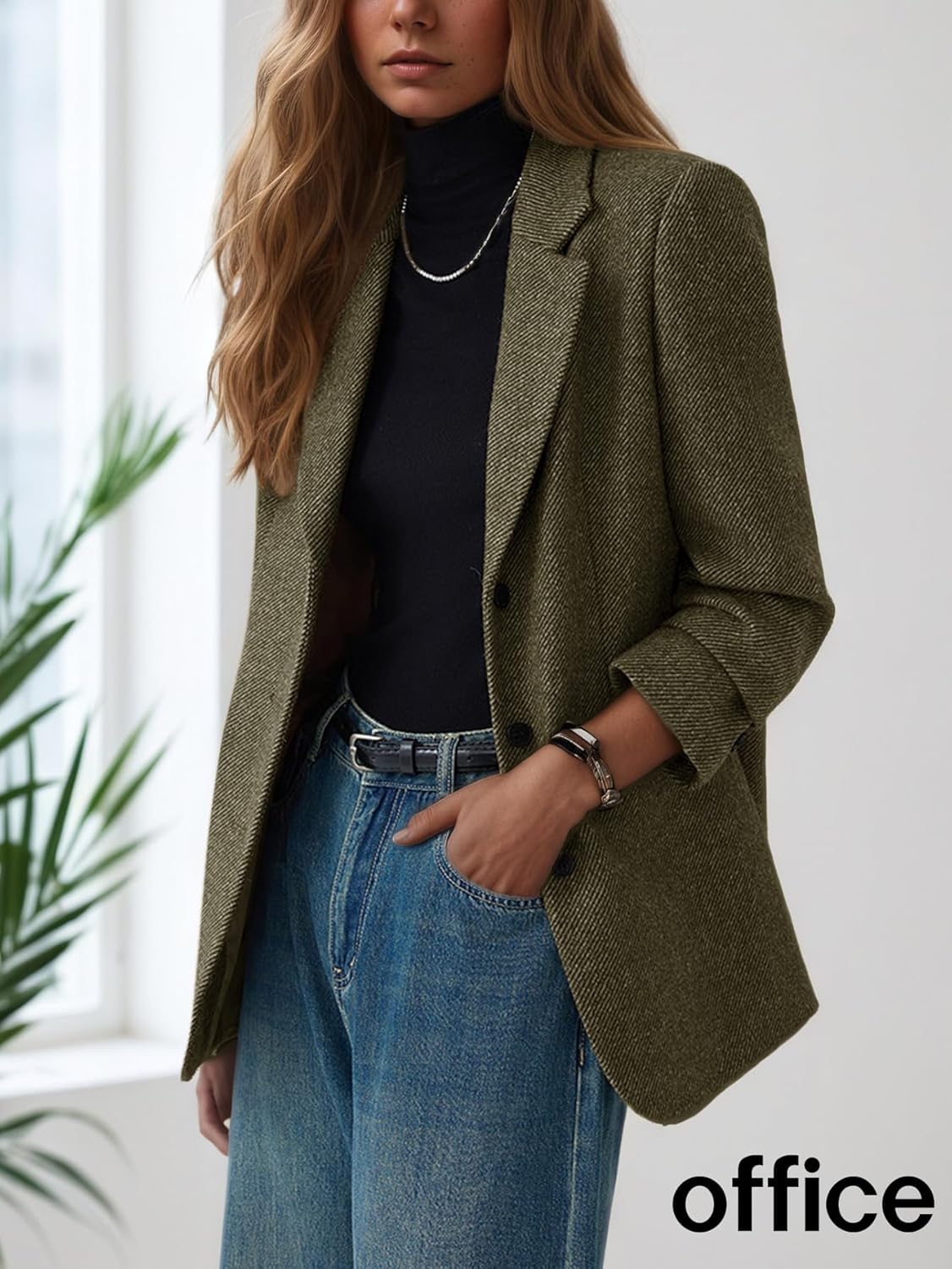 Mina Self 2026 Spring Women Herringbone Tweed Wool Blazer-Lapel Collar Business Casual Long Sleeve Office Jacket with Pockets - Image 2