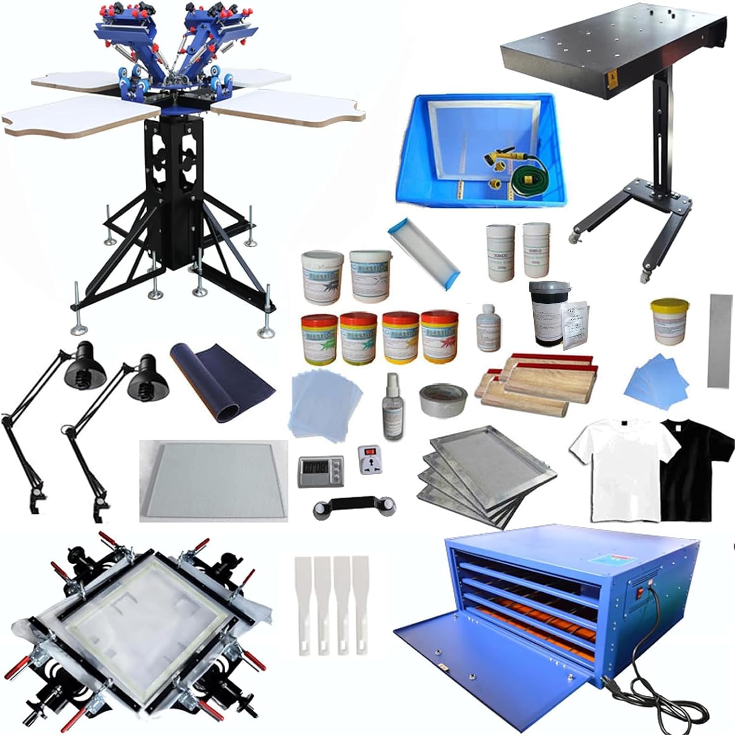 HayWHNKN 4 Color 4 Station Screen Printing Press kit with Flash Dryer 20X20 Inch UV Exposure Unit Drying Cabinet Hand Screen Stretcher for T-Shirt Screen Printing