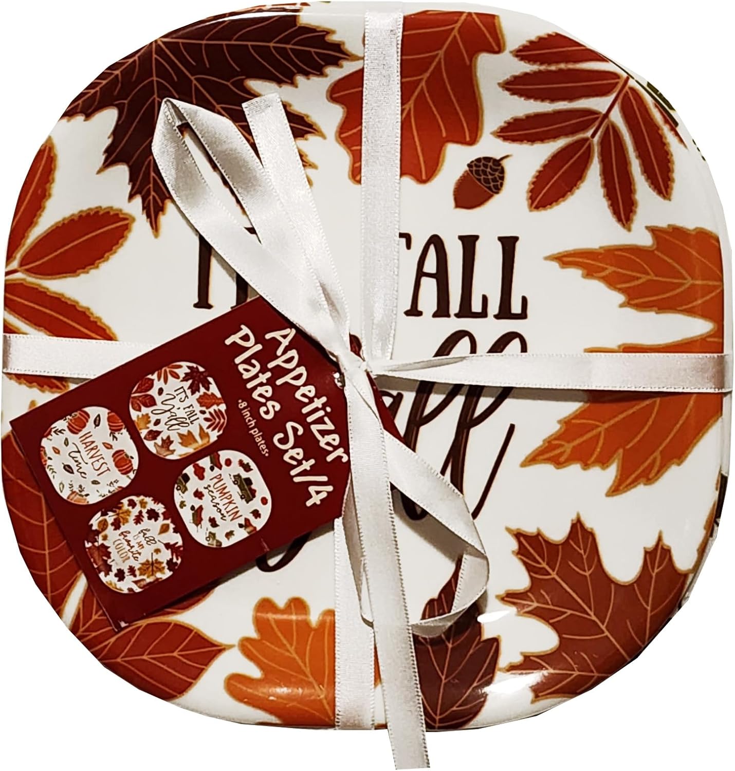 KANE Fall 8-inch Melamine Appetizer Plates, Set of 4, for Dinner and Decorating, Pumpkins, Fall Leaves, Green Truck, for Salad or Dessert Dinnerware