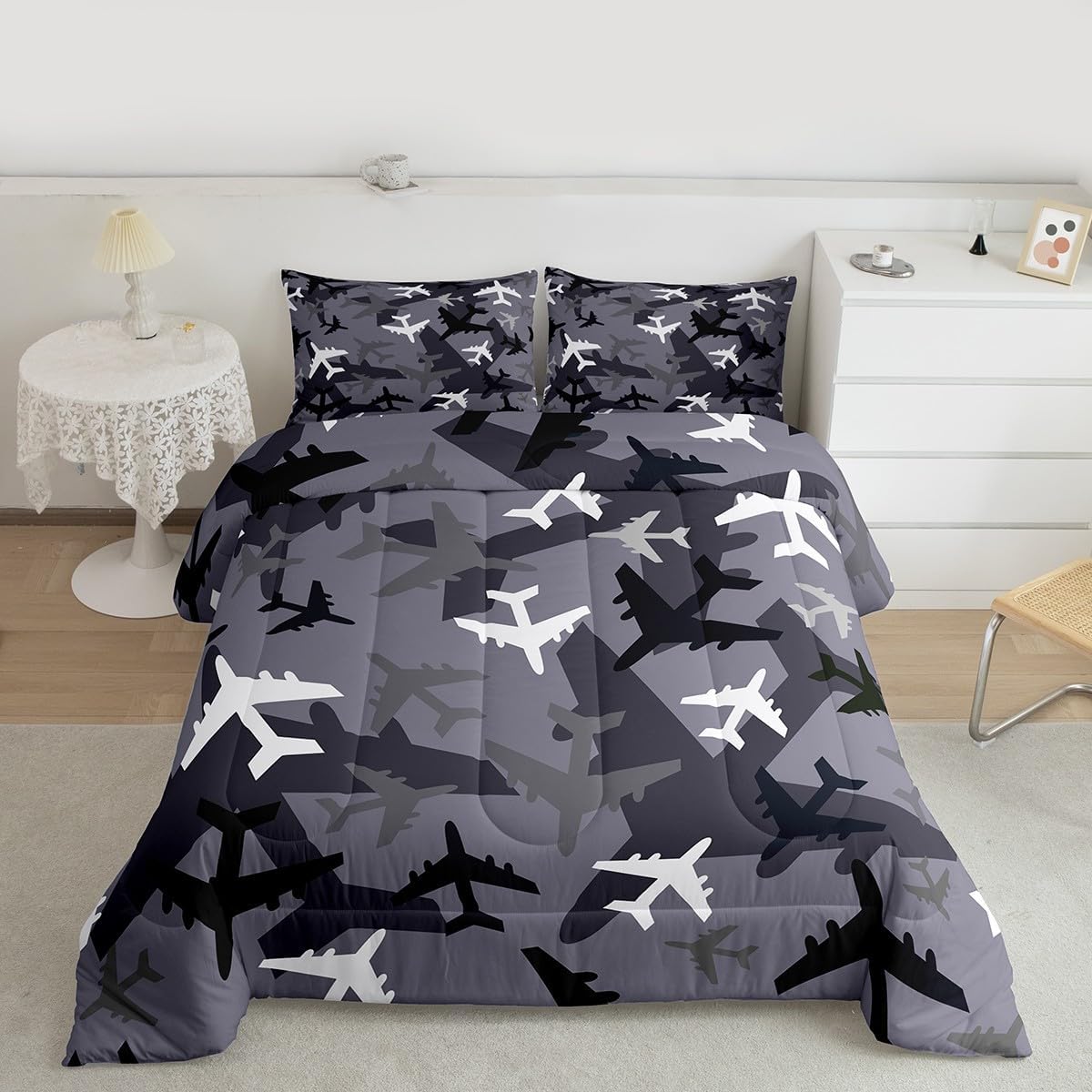 Black Grey White Camouflage Comforter Set Queen Size Kids Aircraft Bedding Set 3Pcs Boys Teens Men Room Decor Army Camo Airplane Quilt Set Cartoon Flying Theme Duvet Insert,2 Pillowcases