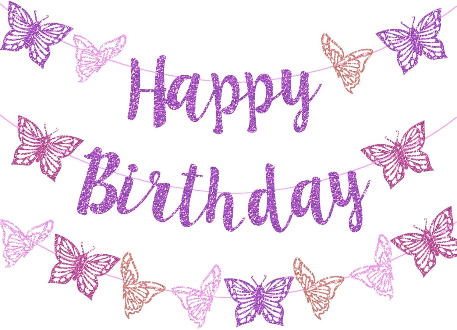 Striscione Happy Birthday Con Farfalle 3D - Decorazione Per Feste Di Compleanno In Viola