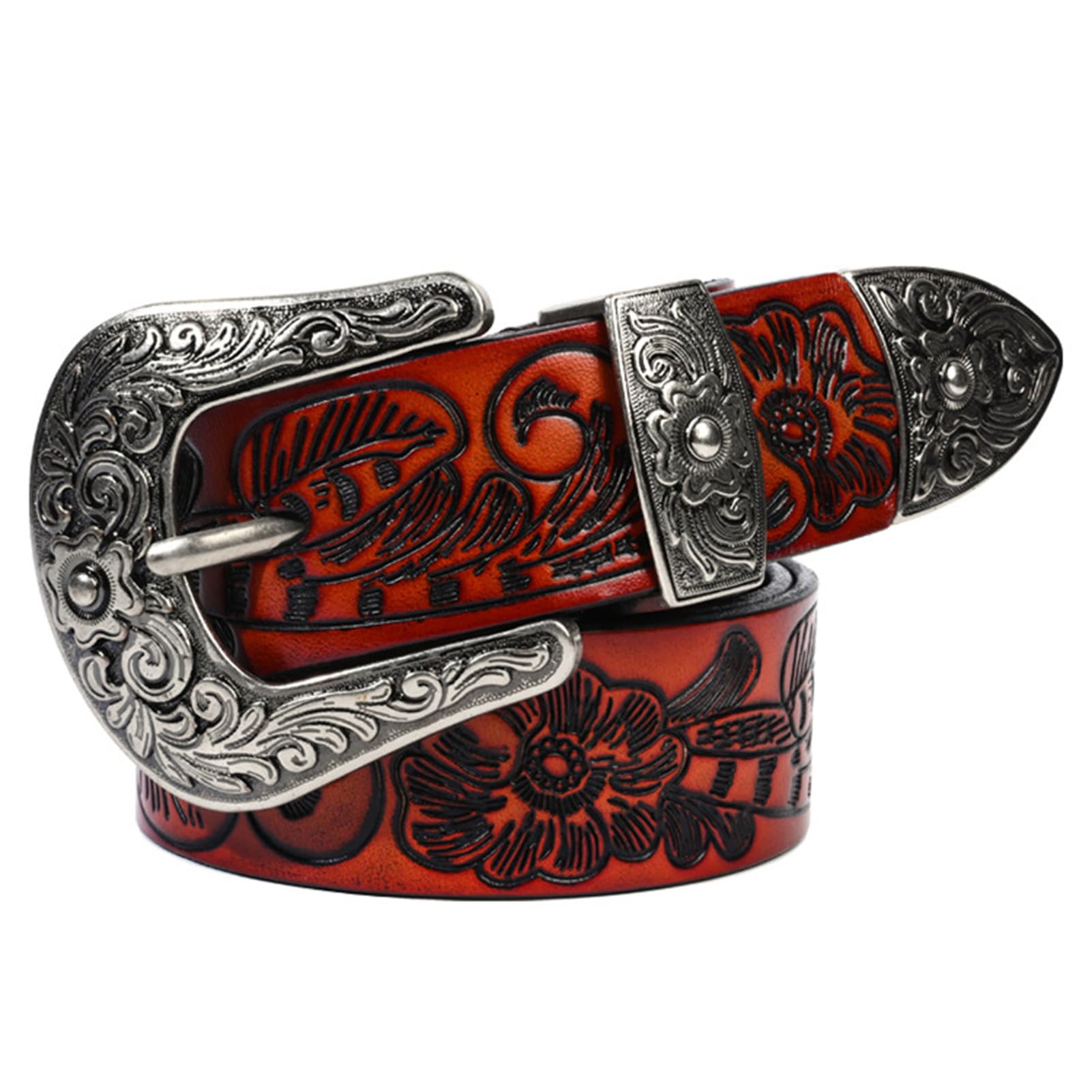 Cintura In Pelle Goffrata Vintage Da Uomo E Donna - Fibbia In Argento Con Incisione Floreale Western, Cinturino In Vita Stile Cowgirl Country