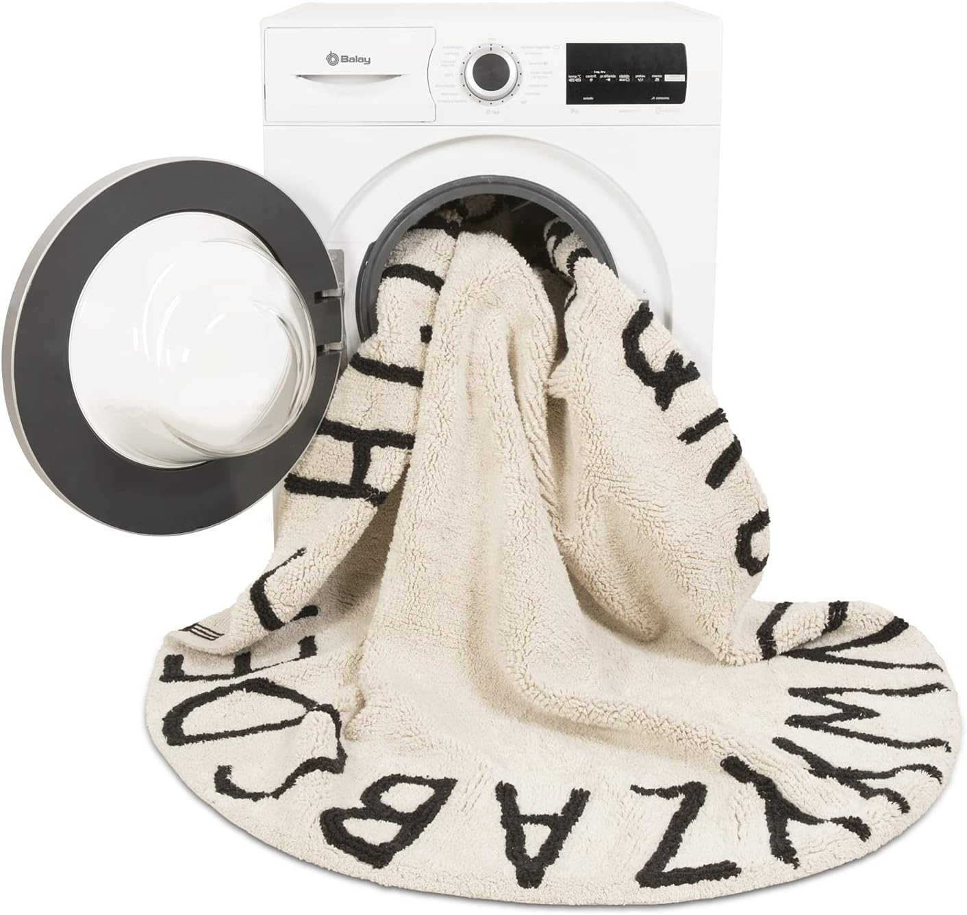 Lorena Canals - Washable Area Rug for kids room. Collection ABC in color Black and White - Handmade by artisans in Round shape and made in Natural Cotton and Non-Toxic Dyes - Size: 5' x 5'