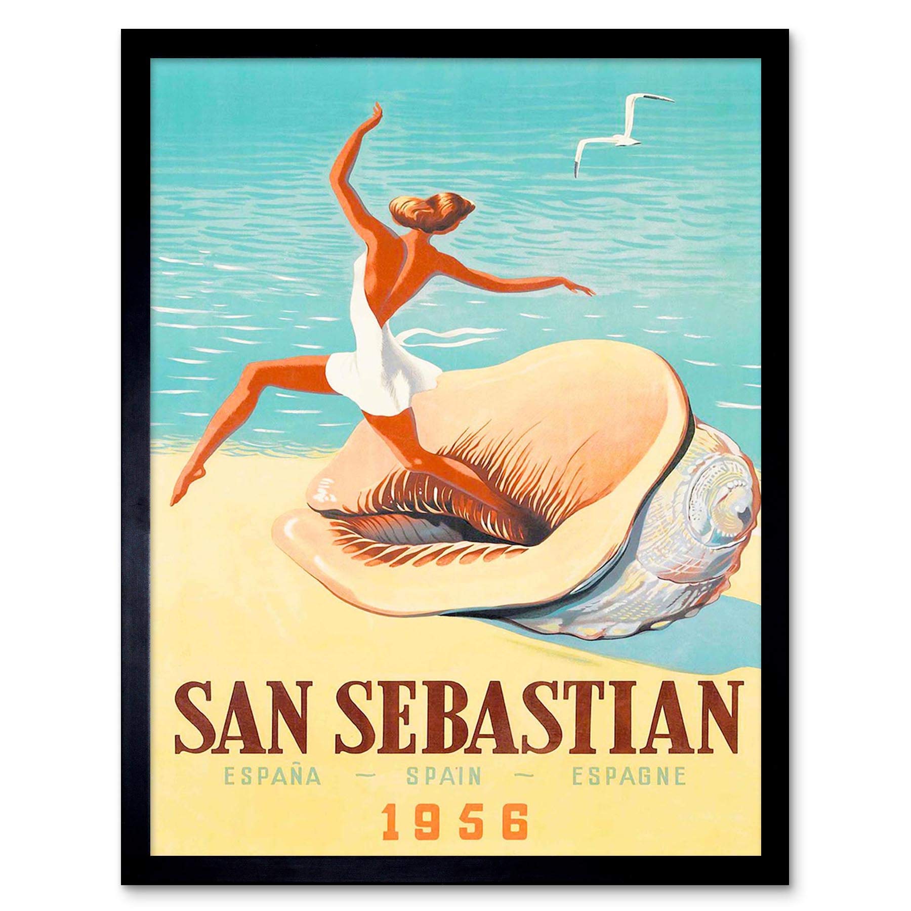 Wee Blue Coo Travel Tourism San Sebastian Spain Beach Conch Shell Gull Sea Sand Art Print Framed Poster Wall Decor 12X16 Inch