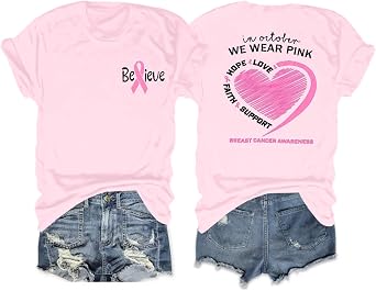MYHALF Womens Breast Cancer Awareness Shirt Pink Ribbon Tshirt in Outdoor I Wear Pink Tee - Cancer Care Positive Tops
