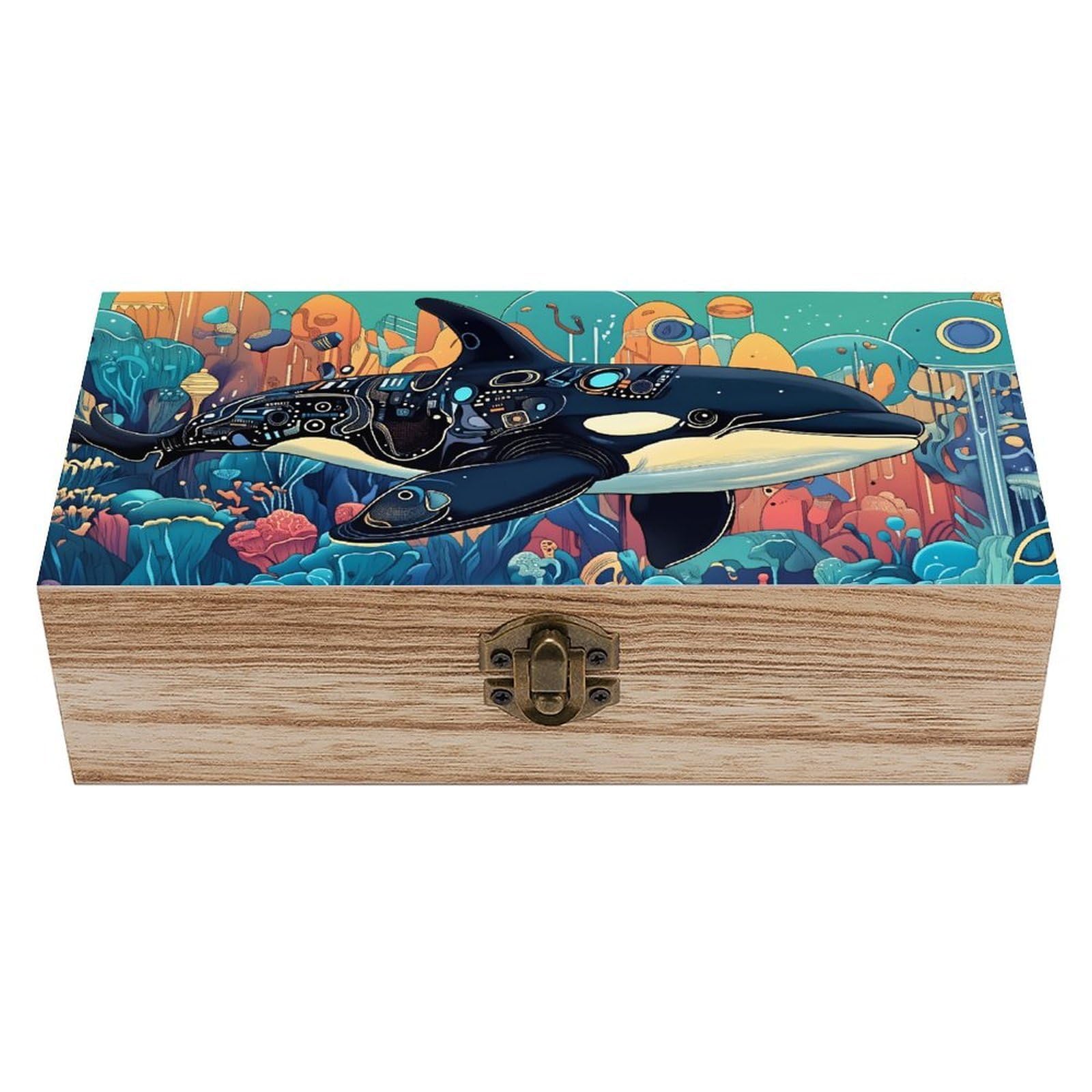 HLBSDM Whale Wooden Storage Box with Hinged Lid,Vintage Gift Box Natural Wood Keepsake Decorative Rustic Jewelry Box 7.9" L*3.9" W*2.3" H