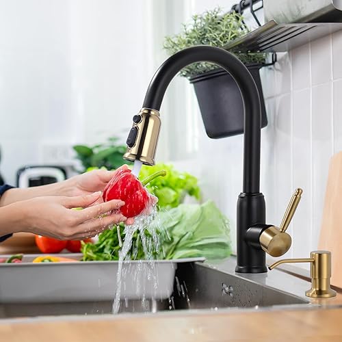 Miniatura 2 de WOWOW - Grifo de cocina negro y dorado con dispensador de jabón, grifo de cocina de acero inoxidable para fregadero de 2 o 4 agujeros, grifo de