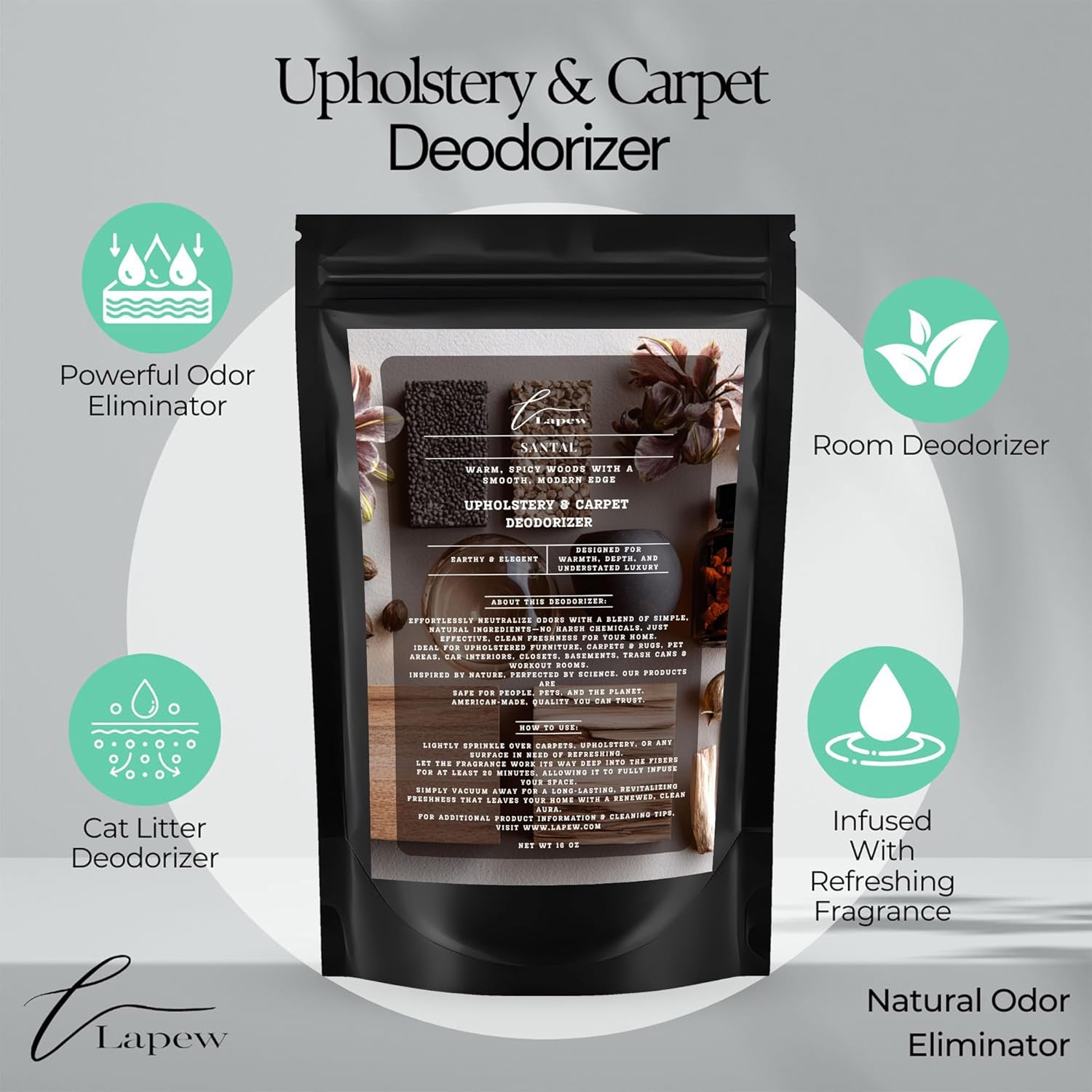 Lapew Santal Bundle – Carpet Deodorizer Powder & Scented Mop Soap Set – Odor Eliminator for Pet-Friendly Homes