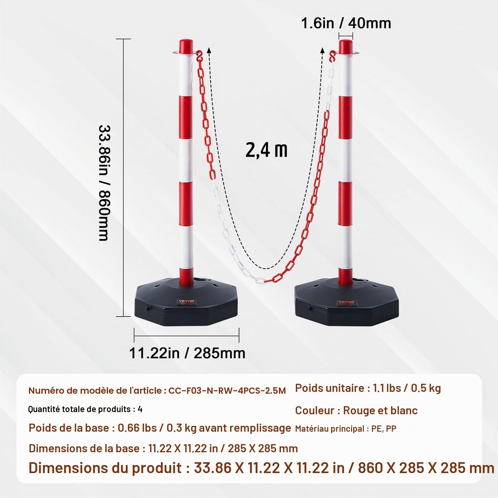 VEVOR Poteau de Signalisation 4PCs Poteau de Délimitation sur Socle Remplissable Hauteur Réglable Cône de Signalisation Longue Chaine 2,4 m pour Contrôle de Circulation Chantier Parking Rouge et Blanc
