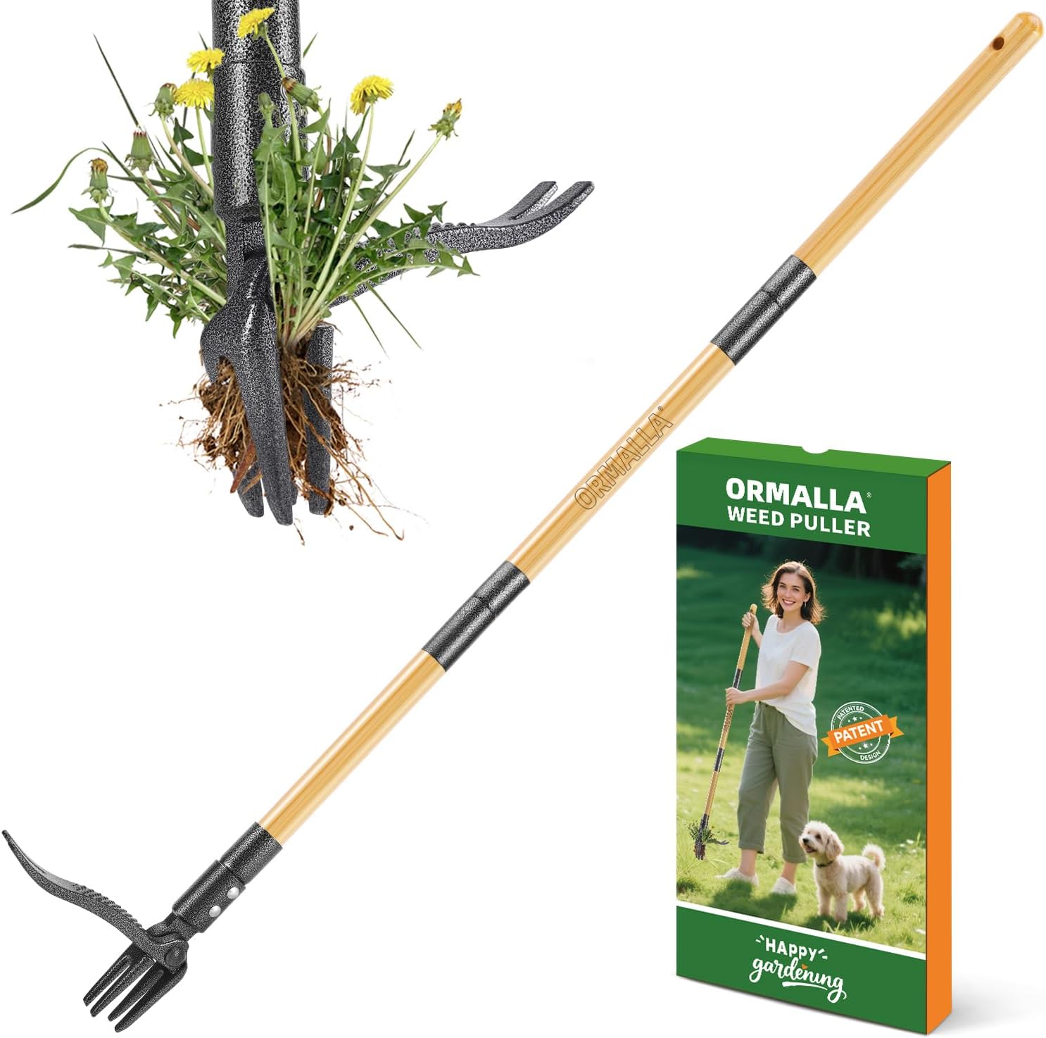 ORMALLA Weed Puller, 43.7in Long Handle Weed Remover, Dandelion Removal Tool, Natural Bamboo Handle and 4 Claws, Stand Up Garden Weed Root Remover, Pet Friendly (Upgrade)