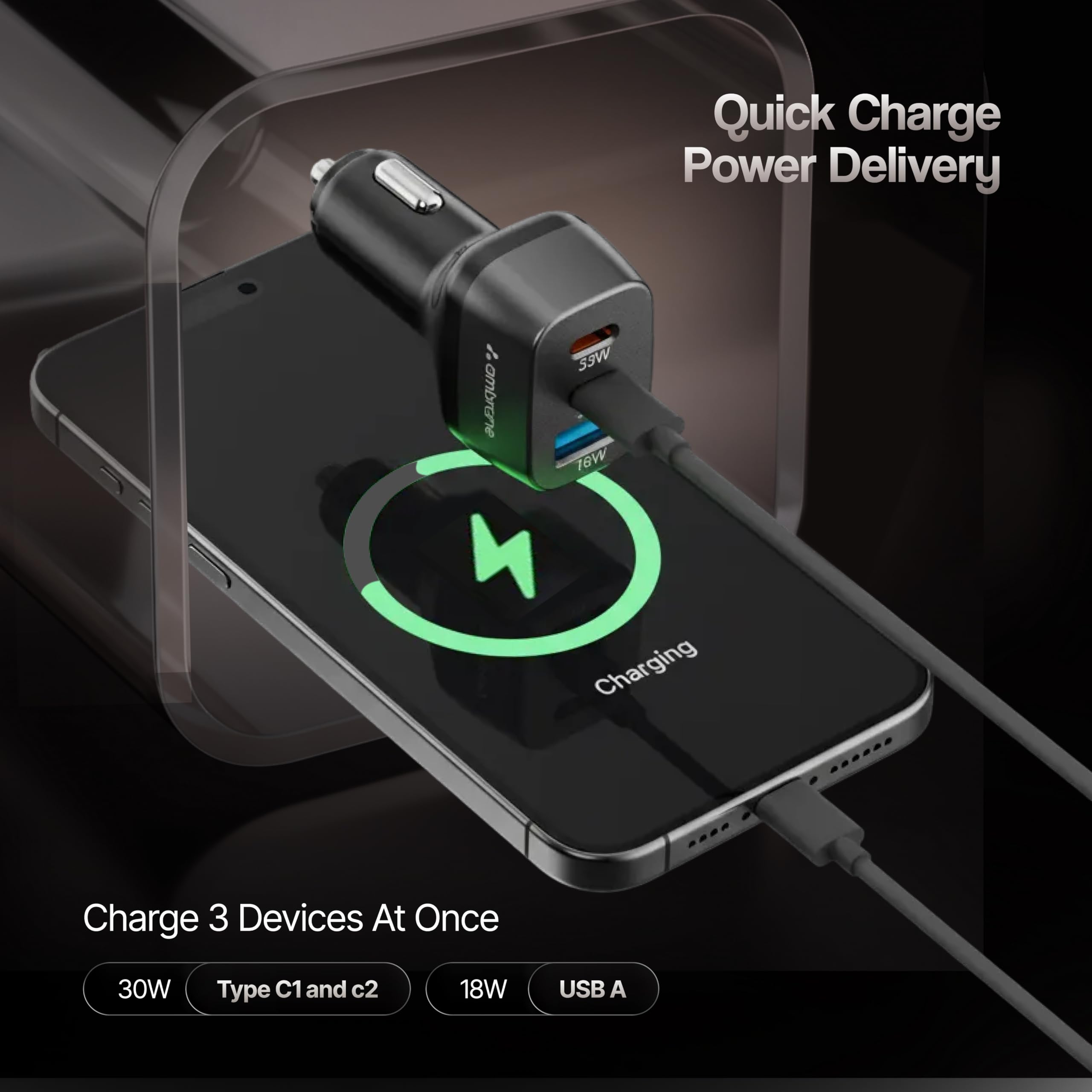 Ambrane 84W Triple Output Fast Car Charger with 2 Type-C & 1 USB, 33W Type C Charging with PD Technology, Fast Charging Adapter Compatible with Cars for iPhone & Android Smartphones (Charge C84,Black) — Amazon image 5