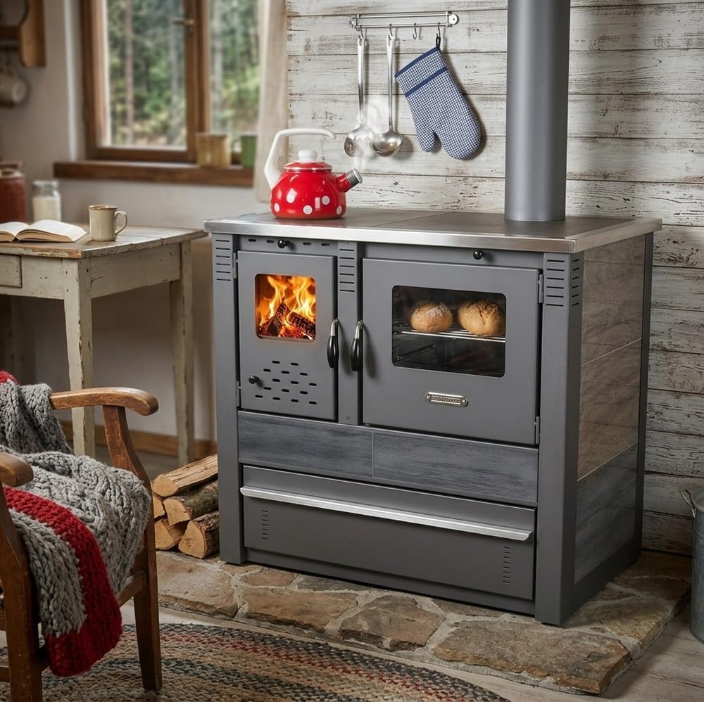 PANONIA Küchenofen, Kacheln schwarz, rechts, 8,5 kW