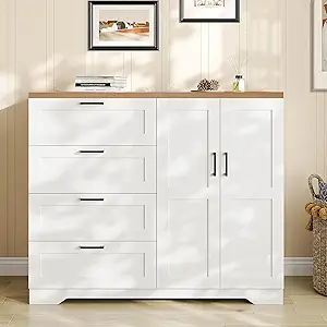 GarveeHome Multifunctional Wooden Dresser for Bedroom, 43.3'' H 2 Door Wardrobe Armoire Closet with 4 Drawers and Hanging Rod, Low Storage Cabinet for Hanging Cloth, White and Brown