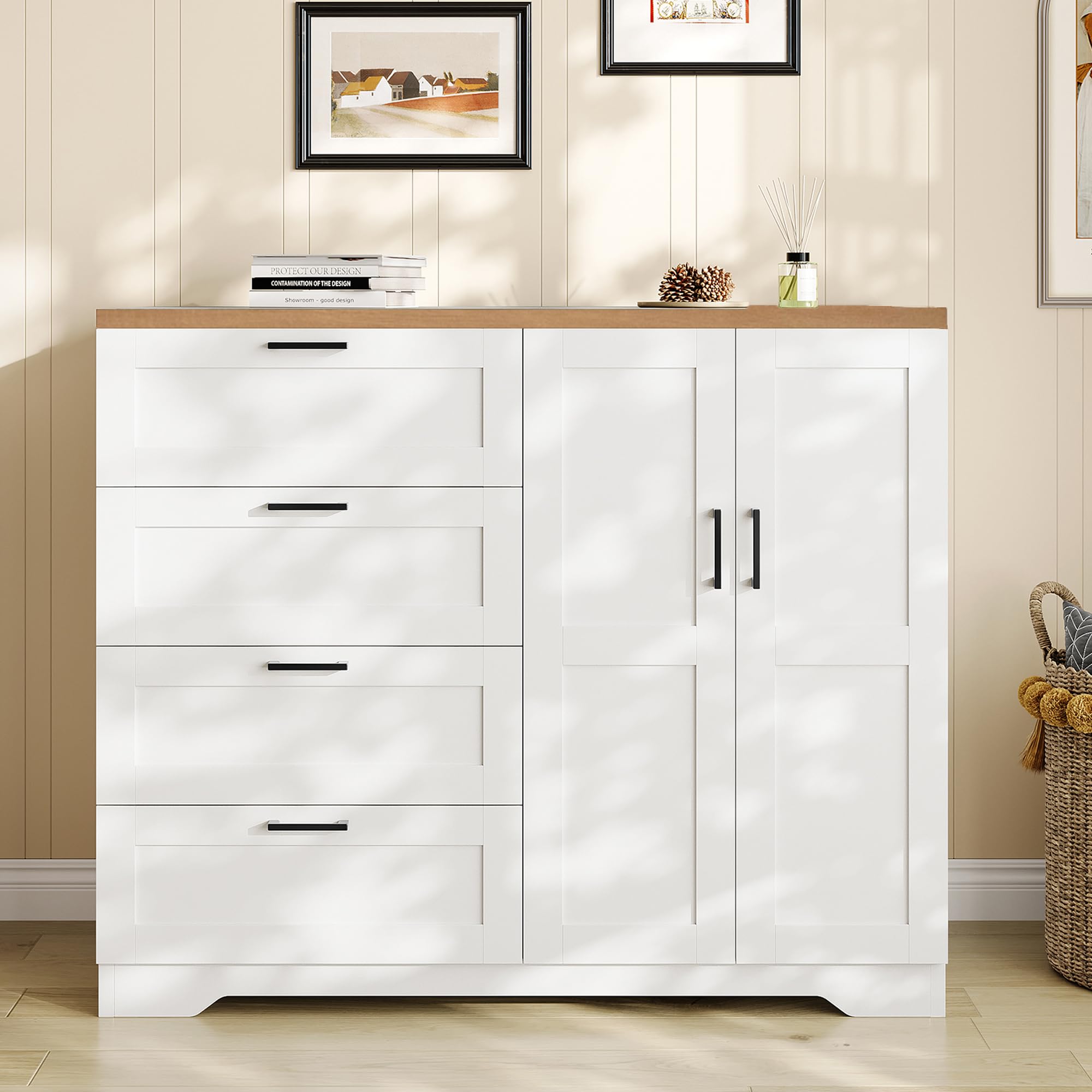Photo 1 of **** AS IS ALL SALES FINAL NO RETURNS **GarveeHome Multifunctional Wooden Dresser for Bedroom, 43.3 in H 2 Door Wardrobe Armoire Closet with 4 Drawers and Hanging Rod, Low Storage Cabinet for Hanging Cloth, White