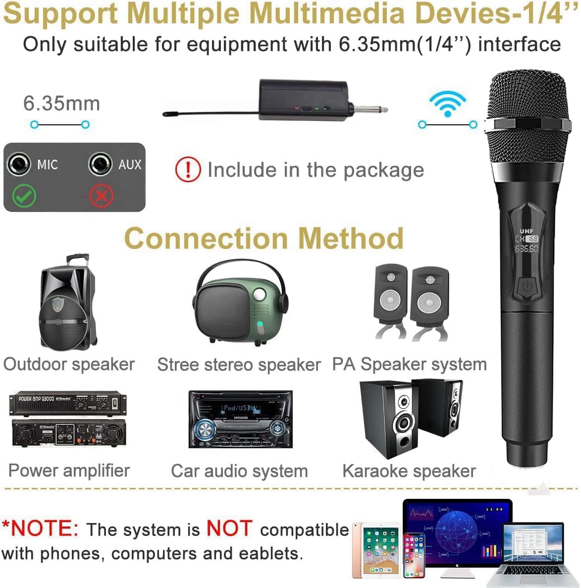 Wireless Microphone Only for Mic Input, UHF Rechargeable Handheld Multipurpose Mic,(Work 10hs) Microphones 150ft Range for Machine Amplifier Speaker Karaoke Church Speech Wedding Singing (Black)