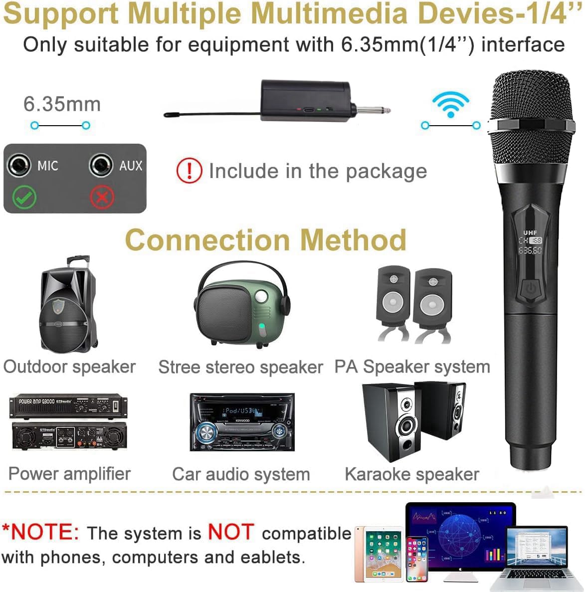 Microfono wireless solo per ingresso microfono, microfono UHF multiuso portatile con ricevitore ricaricabile (lavoro 4 ore) portata 34,7 m per amplificatore, altoparlante, mixer, karaoke, chiesa,