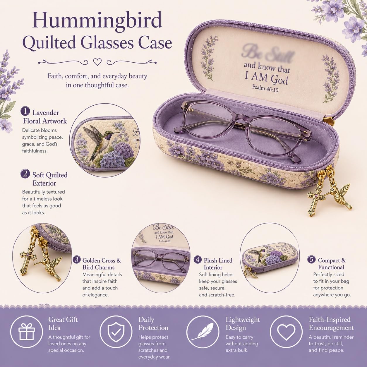 Generisch Gestepptes Brillenetui Mit Kolibri-Motiv, Lila Hortensien-Blumenmuster, Mit Reißverschluss Und Goldenen Anhängern, Leichter Brillenetui-Organizer For Damen Und Herren