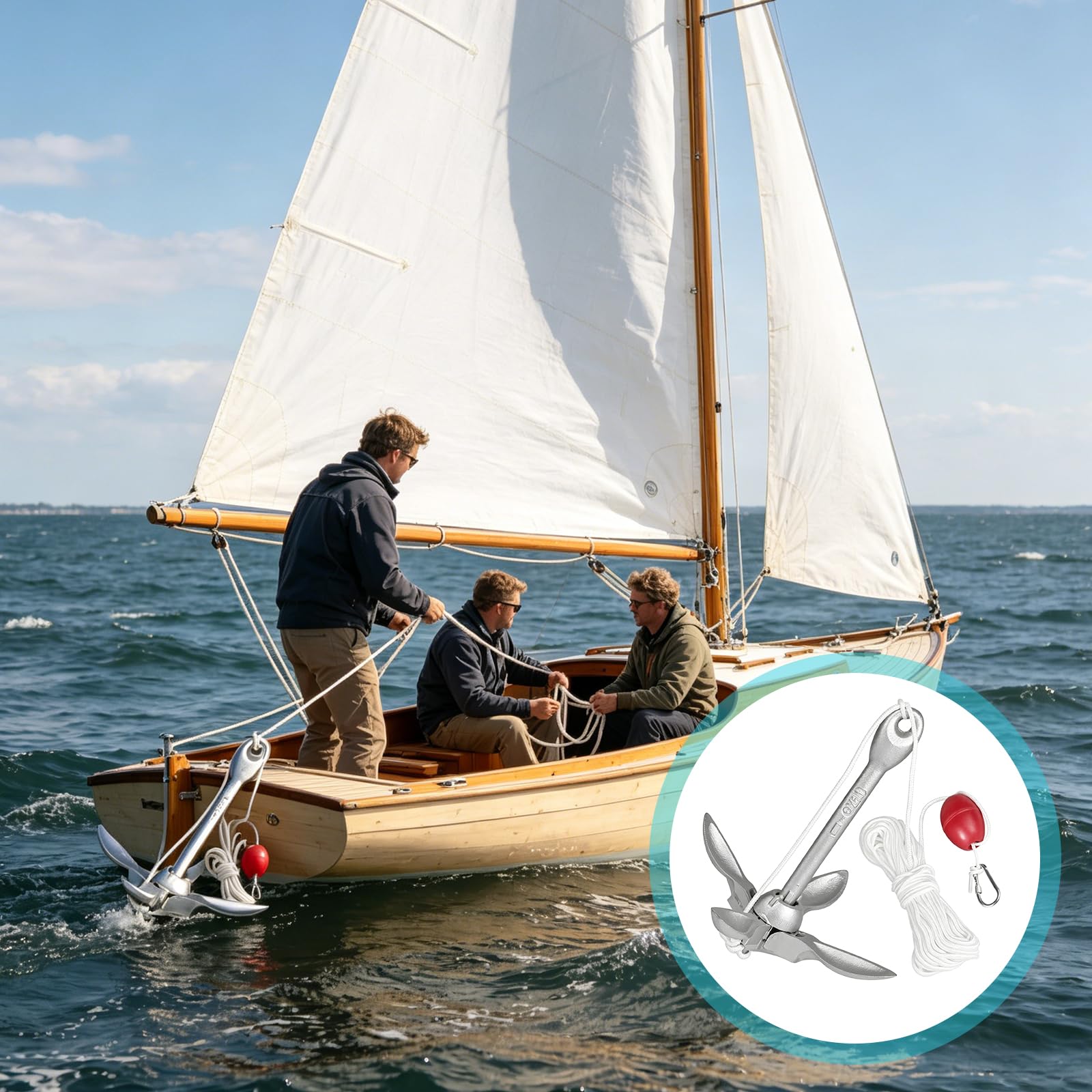 Kajakanker, 1,5 kg, mit Ankerleine von 20 m, faltbar, aus verzinktem Stahl, Zubehör mit Schwimmer und Befestigungen für Boote, Schlauchboote, Sup, Kajak und Kanu