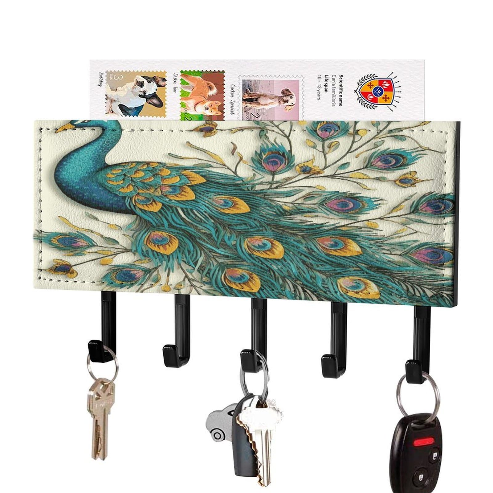 FekiLoot Peacock Pattern Key Holder for Wall Decorative Mail Organizer with 5 Key Hook Self Adhesive Key Rack with Tray Coat Rack Wall Mount Key Hanger Decor for Entryway Door