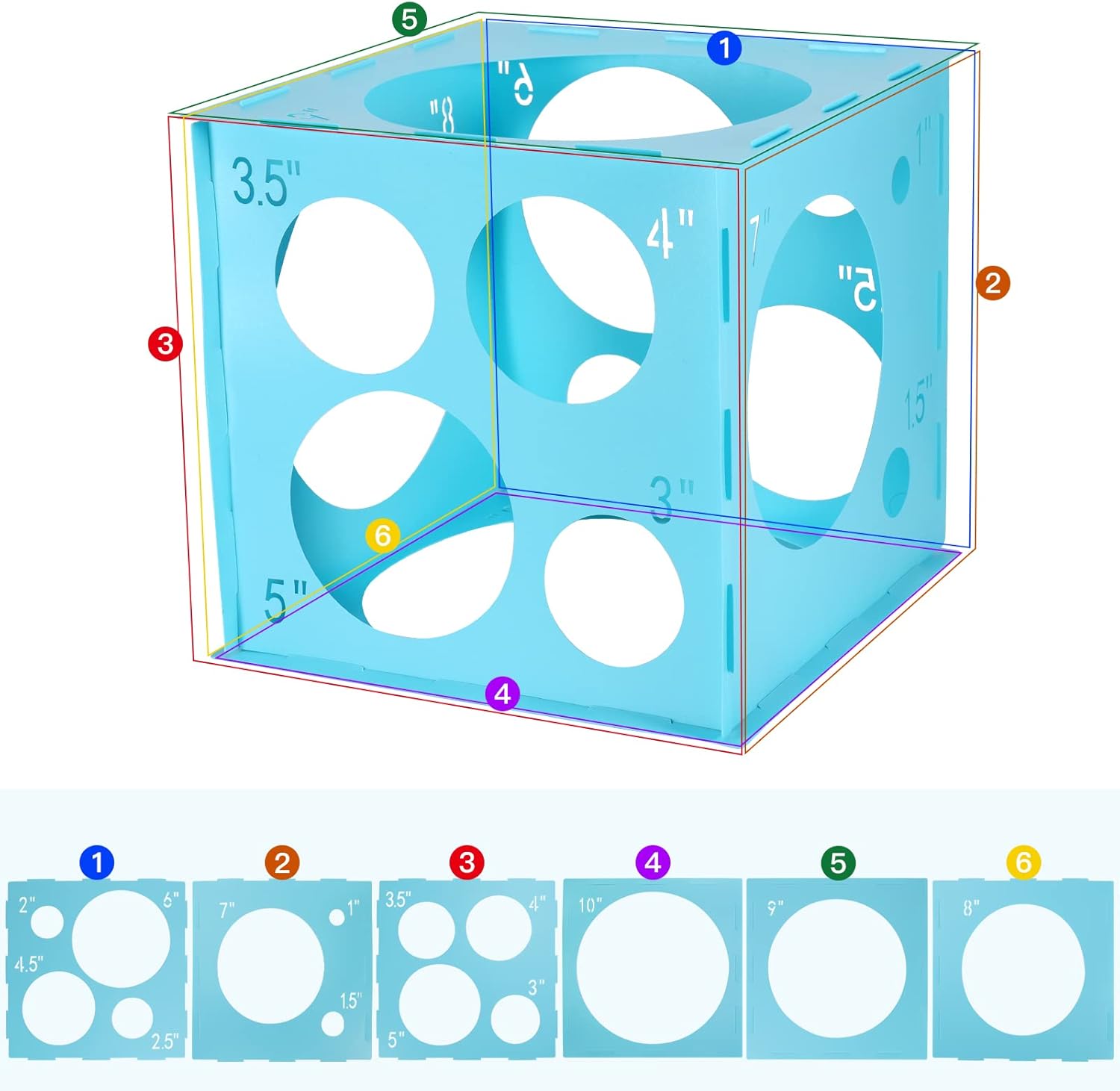 Pllieay 14 Holes Balloon Sizer Box Cube, Blue Plastic Balloon Measurement Box, Collapsible Balloon Sizer Tool with Instructions for Balloon Decoration, Balloon Arch, Balloon Columns, 1-10 Inch