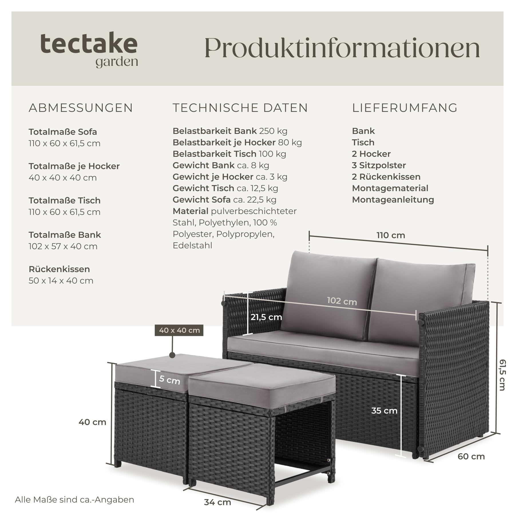 tectake® 2in1 Rattanlounge für 4 Personen, Set mit Tisch mit Schraubfüßen, Tischoberfläche in Holzoptik, Polyrattan Gartenmöbel, als Gartensofa oder Sitzgruppe, Terrassenmöbel, Lounge - schwarz