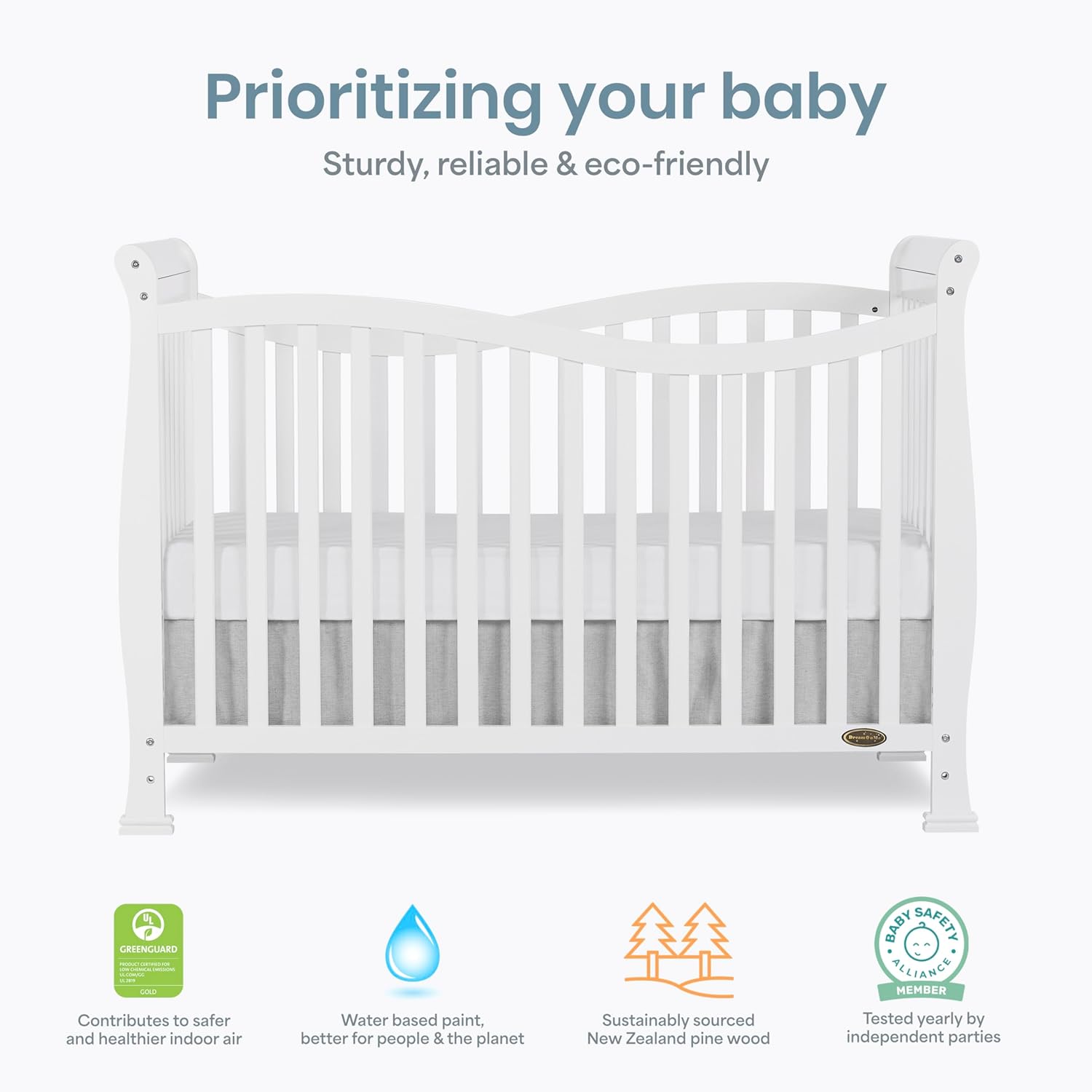 Dream On Me Violet 7-in-1 Convertible Full-Size Baby Crib with Toddler, Day & Full Bed Conversion in White, GreenGuard Gold & BSA, 3 Mattress Heights, Sustainable Pinewoo