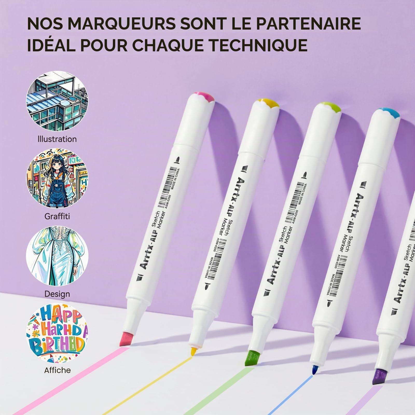 Arrtx ALP Lot de 66 marqueurs pastel à alcool à pointe fine et biseautée, adaptés pour la peinture, le coloriage, le dessin, les croquis, les illustrations, les marqueurs à base d'alcool, les stylos