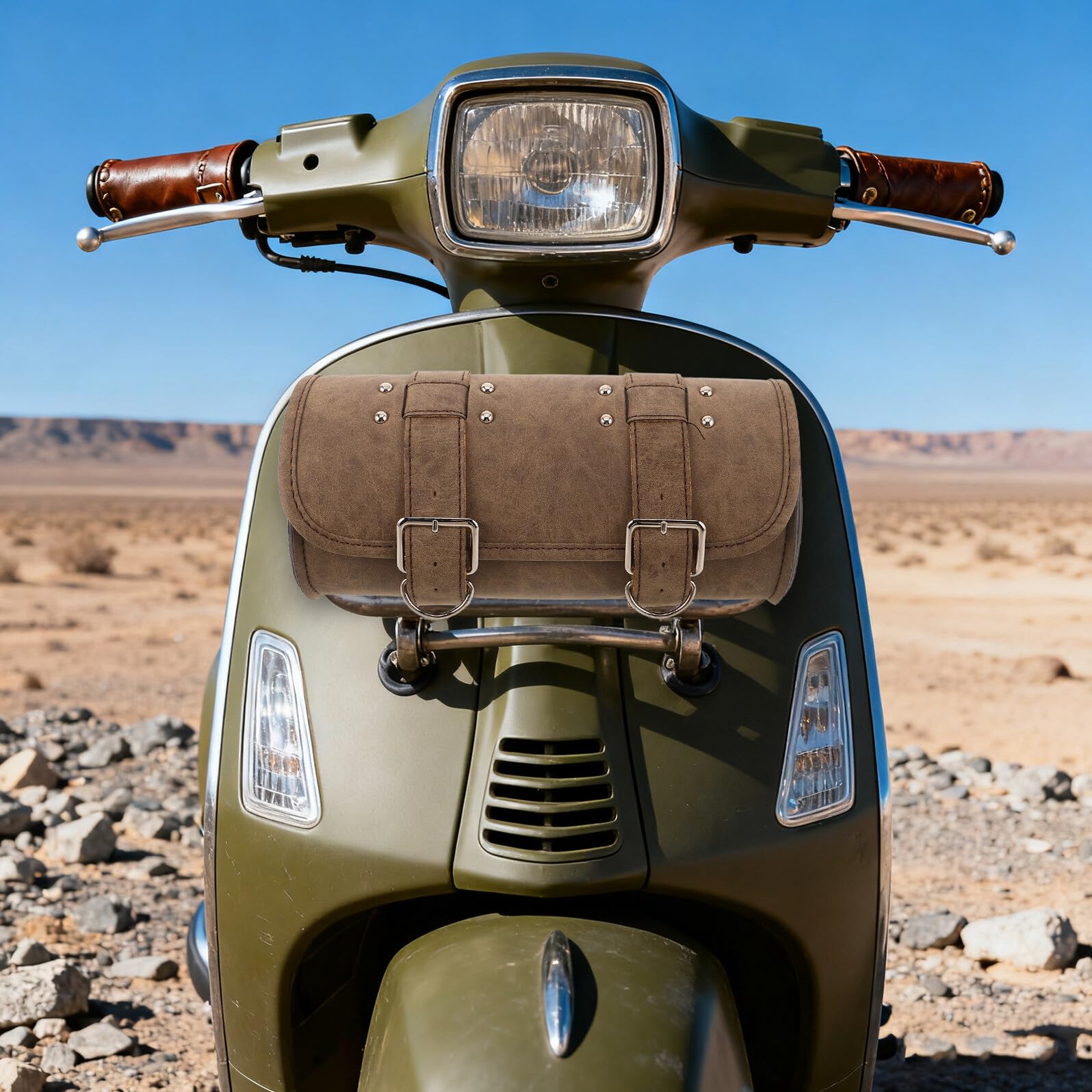 Motocyklowa Torba Widelec Przedni Ze Skóry PU Kolorze Brązowym z Ćwiekami i Odpornym Ścieranie Materiałem Pojemna i Łatwa Montażu Do Przechowywania Narzędzi i Akcesoriów