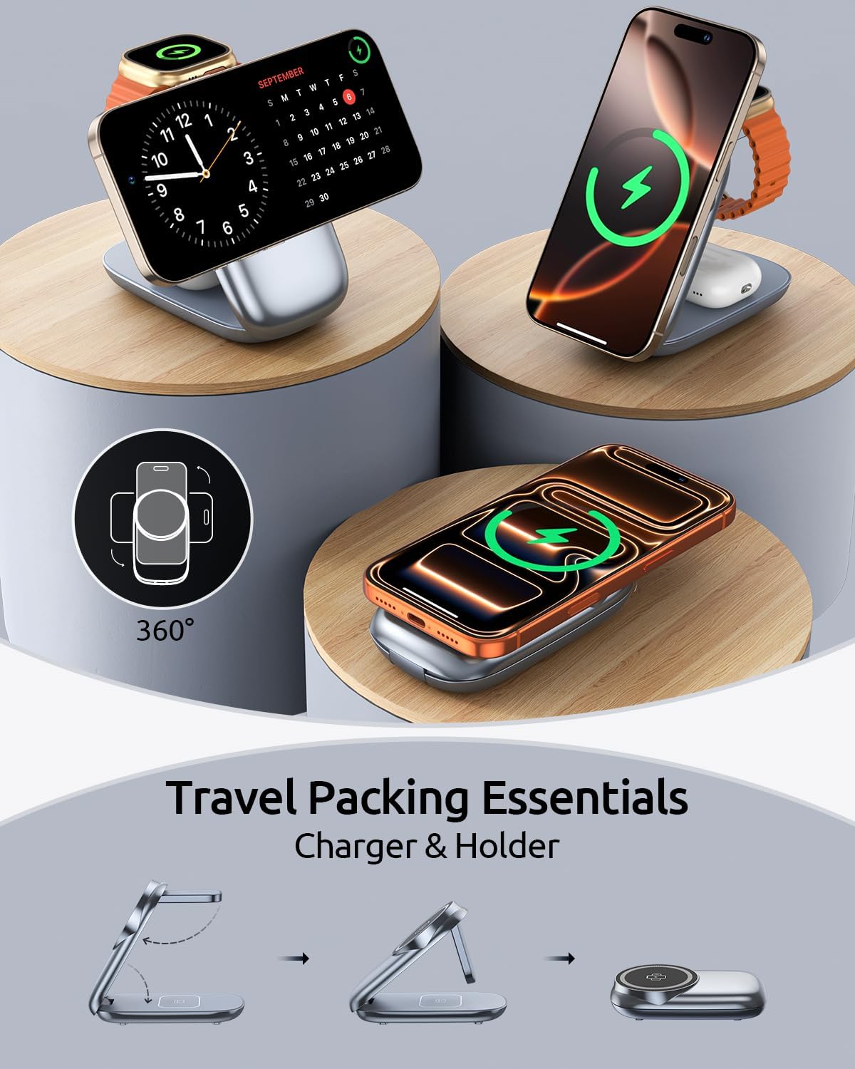 3-in-1 Wireless Charging Station for MagSafe,Foldable Magnetic Stand for iPhone 17/16/15-12 Series, Apple Watch/AirPods,Fast Charger for Qi Phones - Ideal for Home/Office/Travel (Gray, Normal)