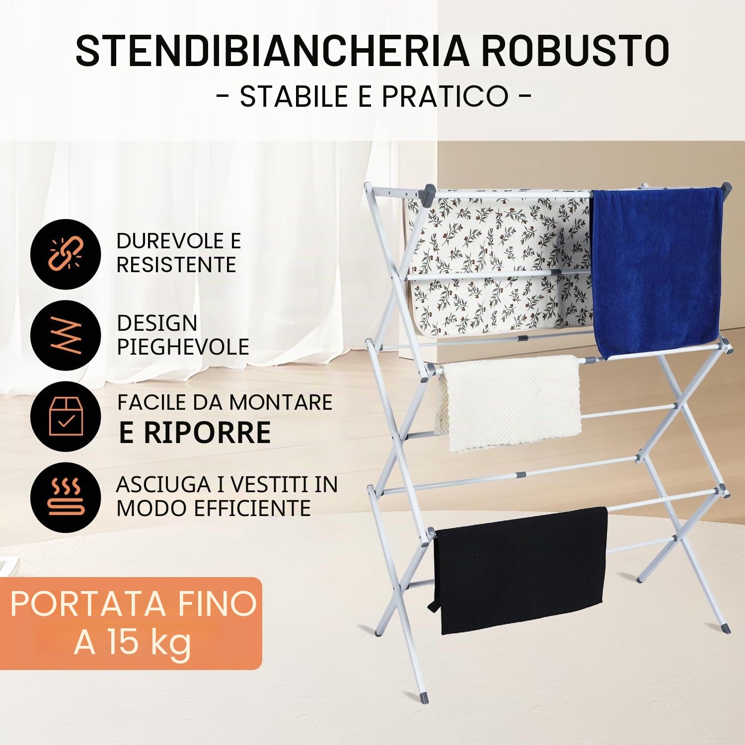 Stendibiancheria salvaspazio durevole e stabile, Pieghevole a 6 livelli con 11 aste, Estensibile (bianco)