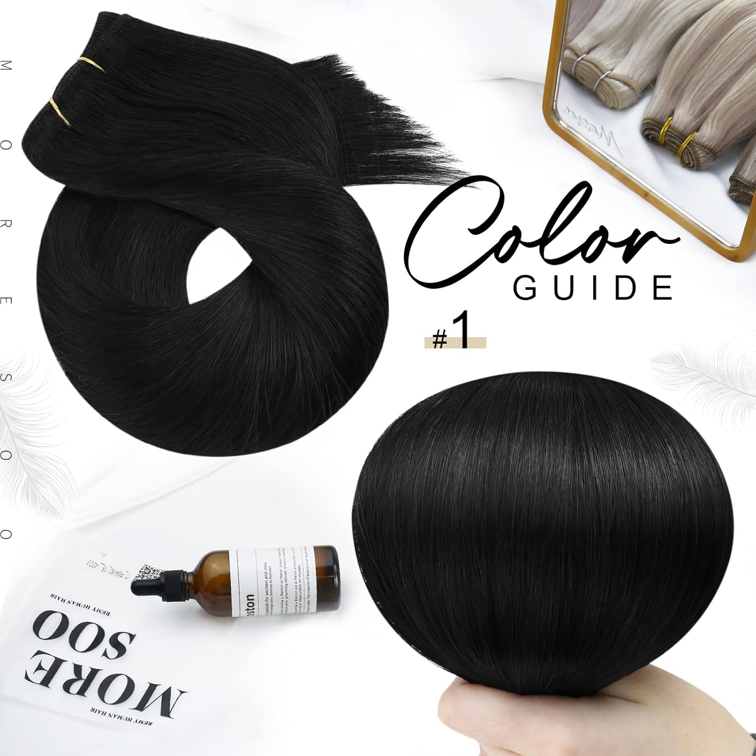 Moresoo Weft Hair Extensions Human Hair Black Sew in Hair Extensions Jet Black Bundle 16Inch and 18Inch