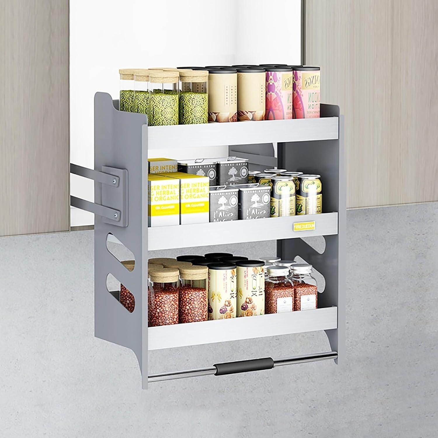 OLSKFUH 3-Tier Kitchen Cabinet Pull-Down Shelf Lift Basket For Upper Wall Cabinets Metal Dish And Spice Rack System Lift Up Cabinets,22.1