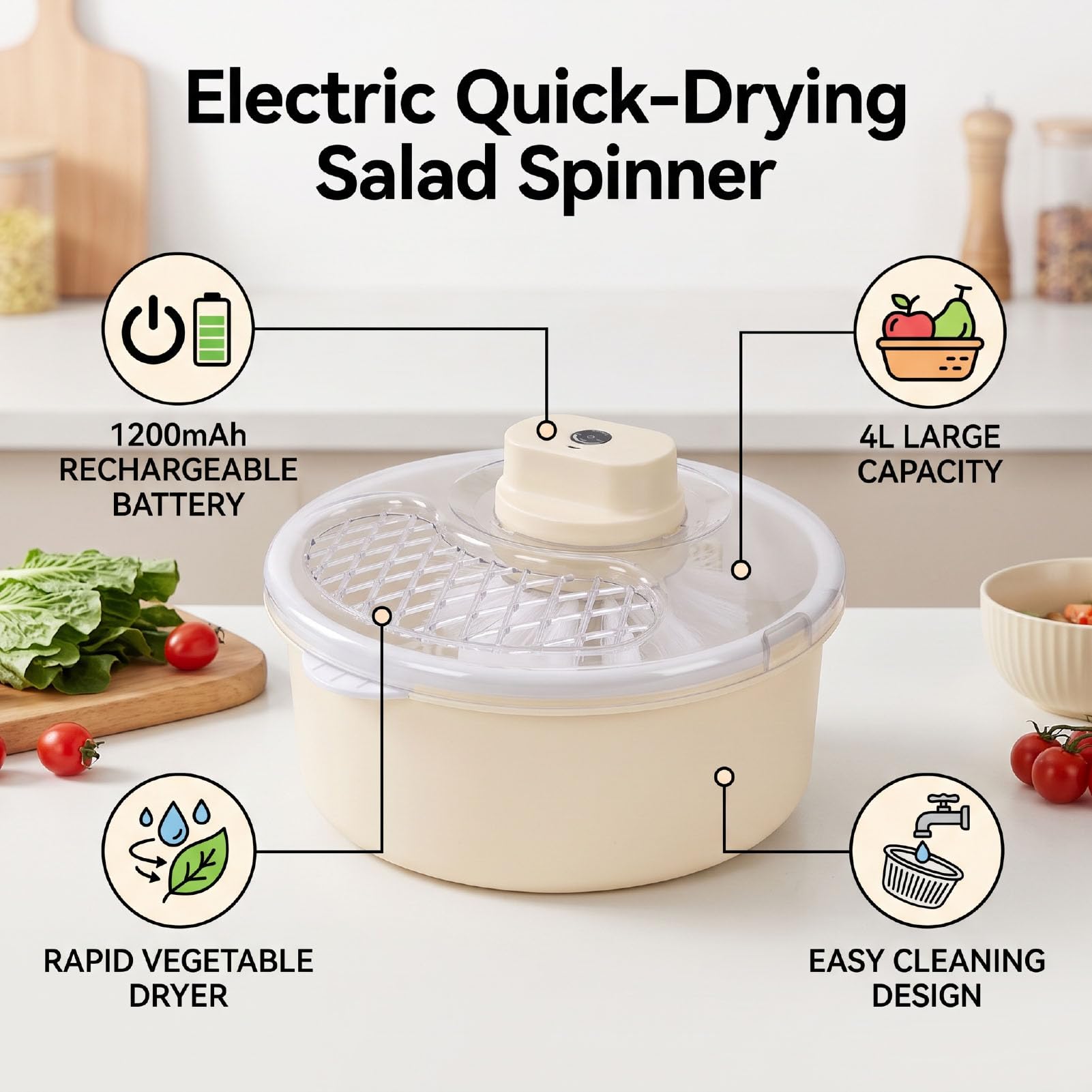 Essoreuse à Salade 4L, Laveuse-sécheuse à Fruits avec Panier Passoire | Batterie 1200 MAh, Rechargeable, Portable, pour Baies Vertes