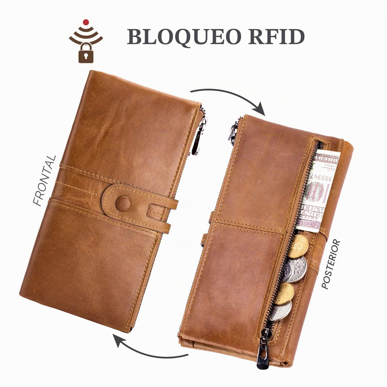 Roulens Cartera de Piel con Cremallera para Mujer con RFID Bloqueo,Monederos para Mujer Cartera de Mujer de Gran Capacidad de Cuero Genuino de Mujer