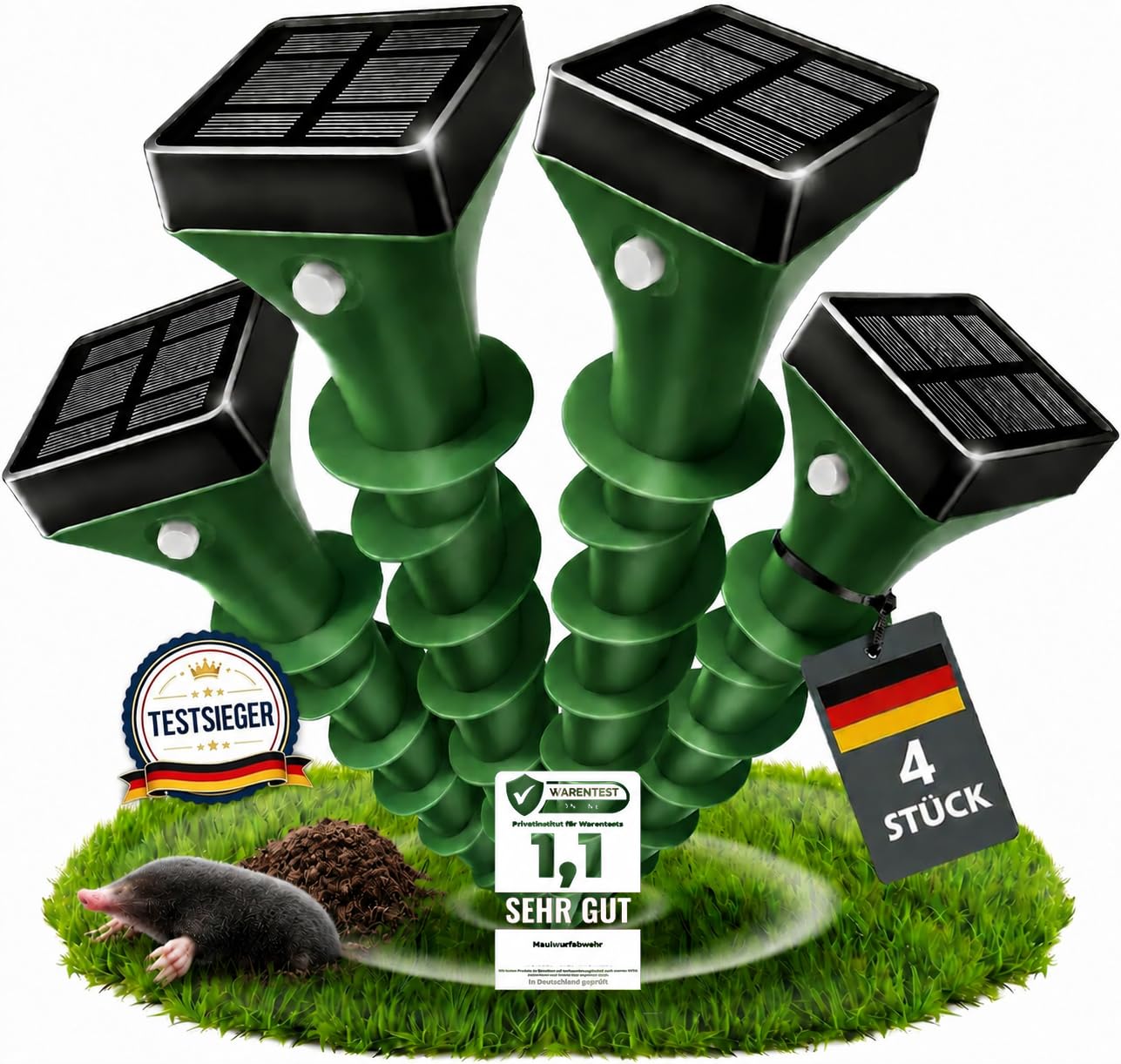 Solar Maulwurf Vertreiber 4er Set, Ultraschall & Vibration gegen Maulwürfe und Wühlmäuse, IP65 wasserdicht, Tierfreundlicher Maulwurfschreck für Garten, Rasen und Beete